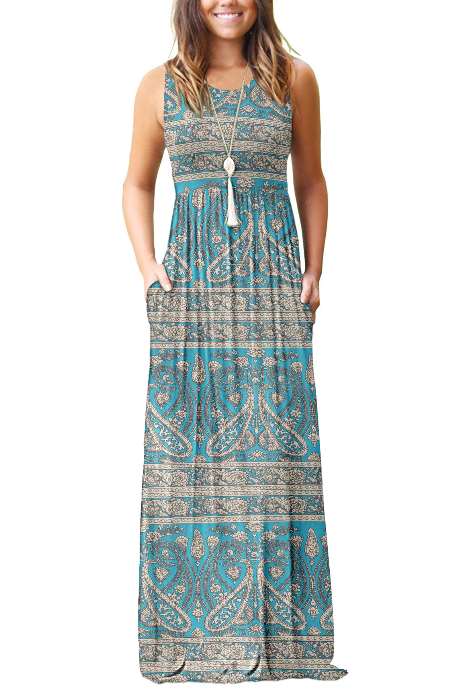 AUSELILY Women's Summer Sleeveless Flowy Maxi Dress - Casual Long Sundress with Pockets | Beach Cover Up, Vacation Outfit, Boho Chic Dress for Outdoor Parties