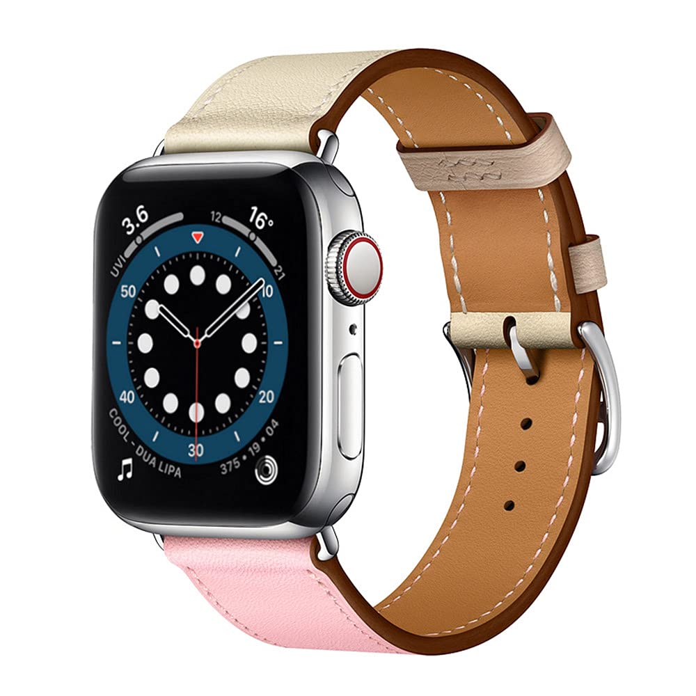 Genuine Leather Band for Apple Watch Series 1/2/3/4/5/6/7/SE - Compatible with 38mm 40mm 41mm 42mm 44mm 45mm Models - Premium Replacement Strap for Work, Travel & Everyday Wear