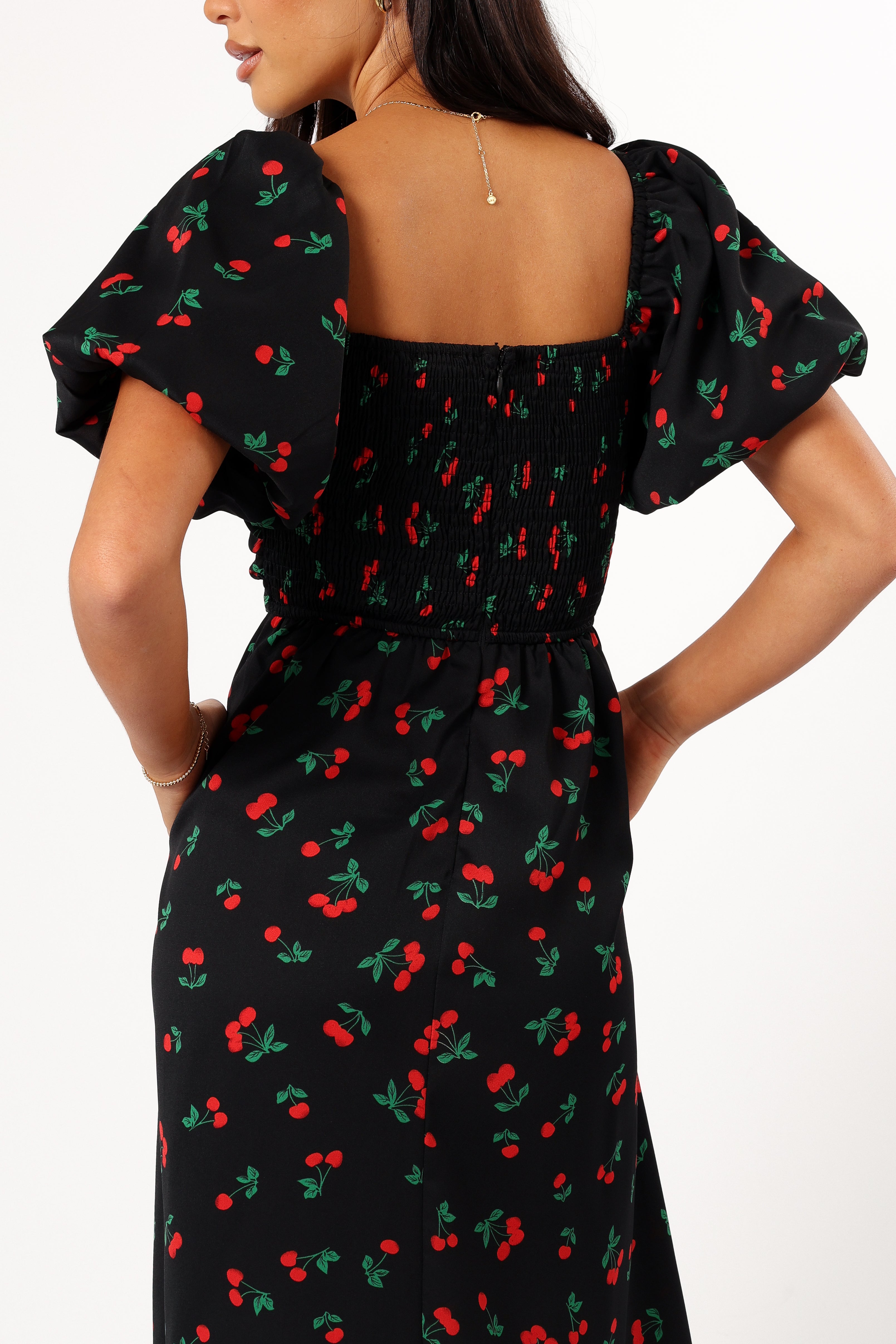 Chloe Puff Sleeve Midi Dress - Floral Cherry Print Summer Dress for Women | Perfect for Garden Parties, Brunch Dates & Vacation Outfits