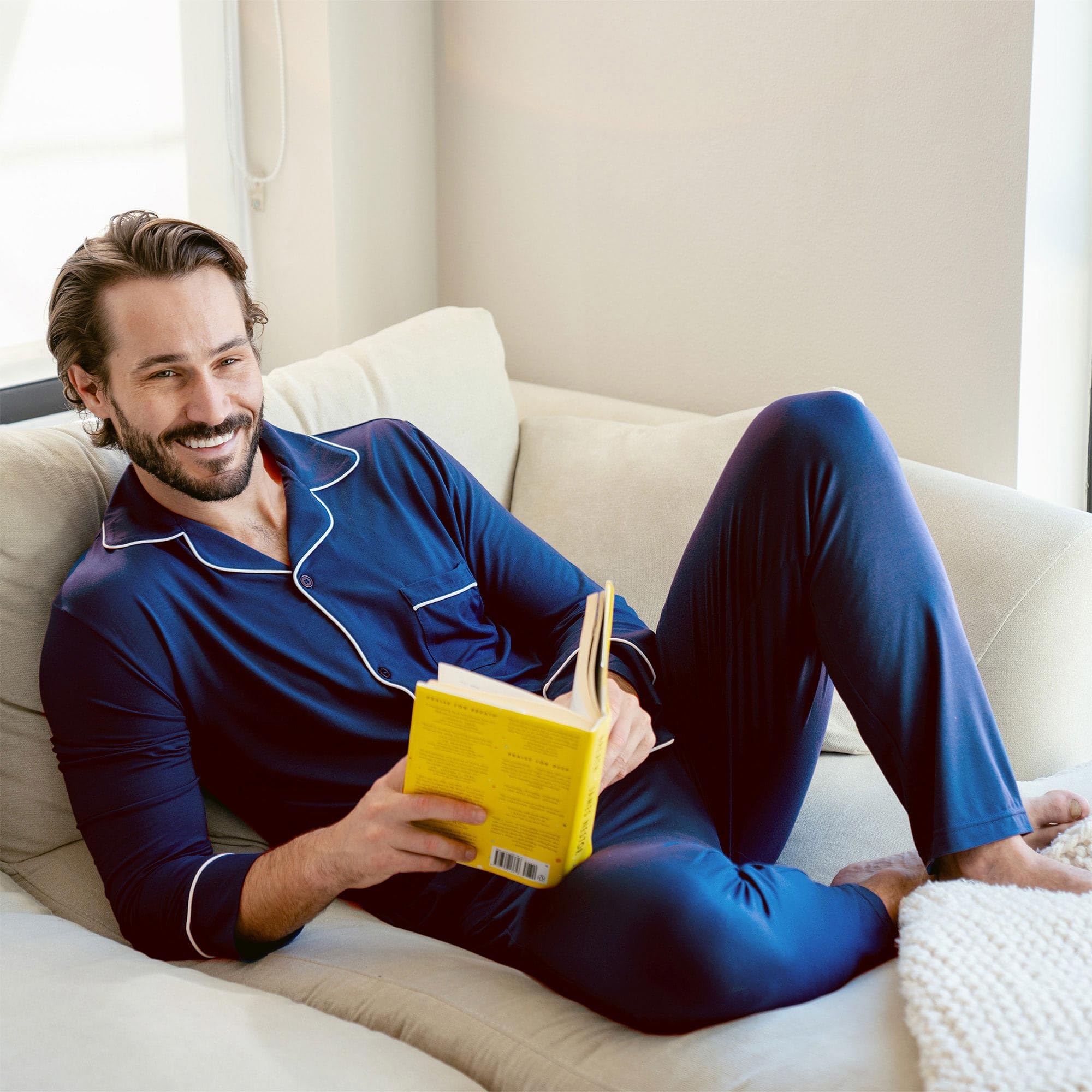 Ejis Men's Anti Odor Pajama Set - Ultra Soft & Breathable Micro Modal Sleepwear (Top & Pants) - Navy Blue - Perfect for Lounging, Sleeping & Travel Comfort