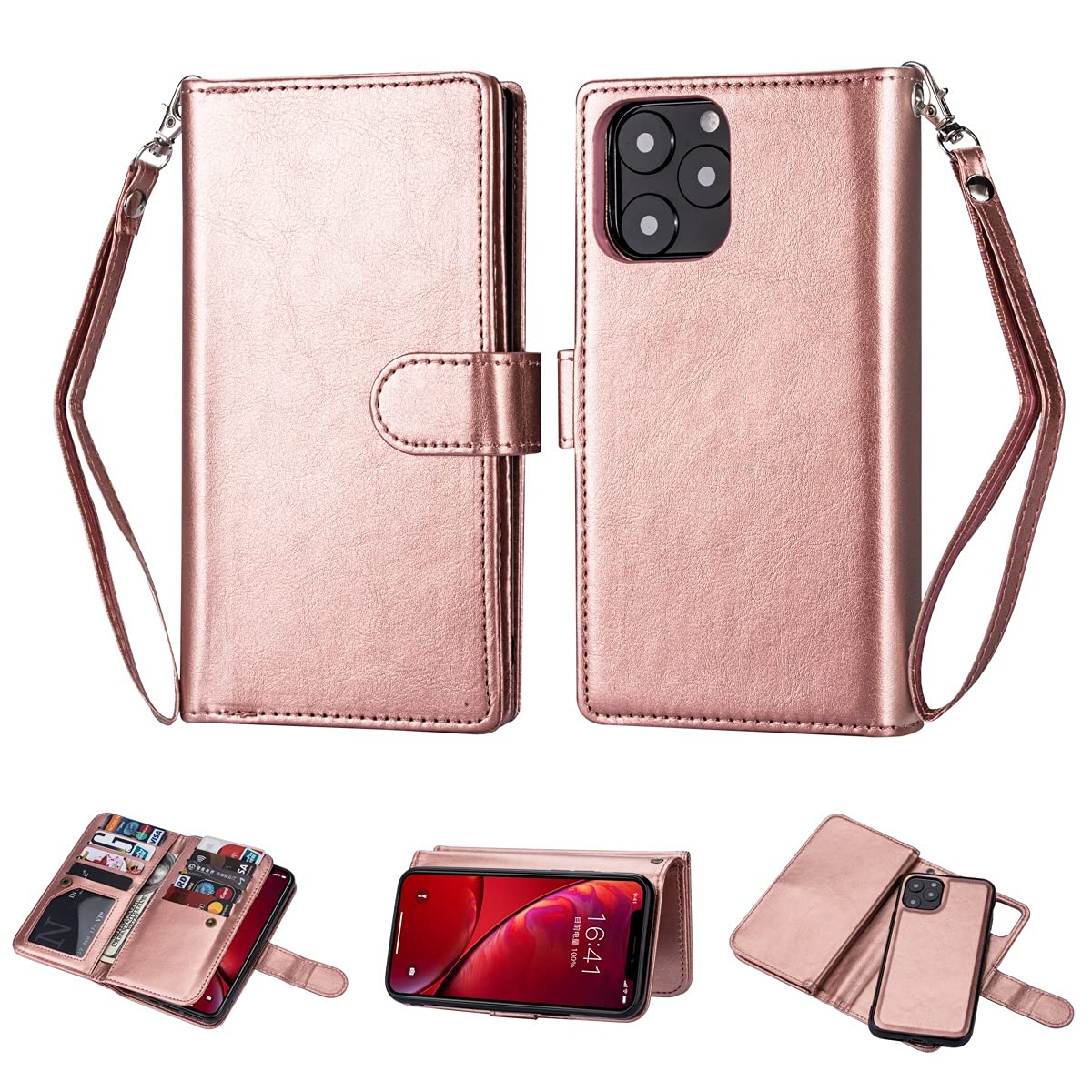Premium Leather Wallet Phone Case for iPhone 11 Pro Max with Credit Card Holder & Detachable Wristband - Slim Bracket Design for Everyday Protection and Convenience - Perfect for Work, Travel, and Daily Use