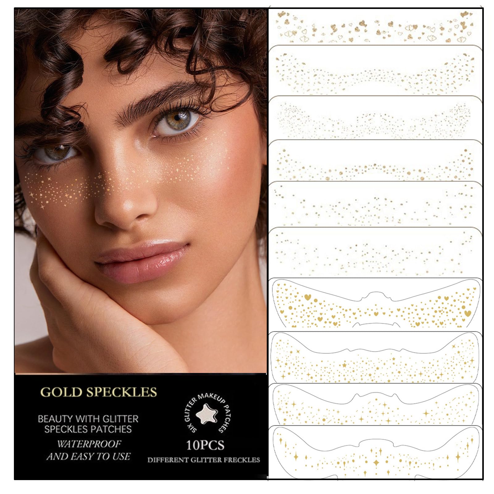 10 PCS Glitter Freckles Face Tattoos - 10 Style Gold Face Glitter Speckles for Festivals, Parties, Raves & Cosplay - Waterproof Sparkling Face Stickers for Makeup - Perfect for Halloween, Music Festivals & Photo Shoots