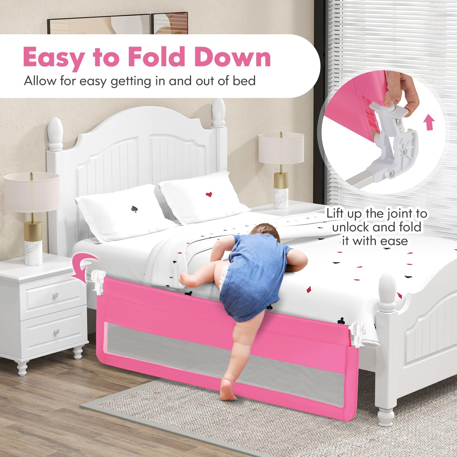 Costzon 2-Pack Extra Long Swing Down Bed Rails for Toddlers & Kids - 71-Inch Safety Bed Guards with Straps - Fits Convertible Crib, Twin, Double, Full, Queen & King Size Beds - Foldable Design (Pink) - Perfect for Childproofing, Preventing Falls & Transitioning from Crib to Big Kid Bed