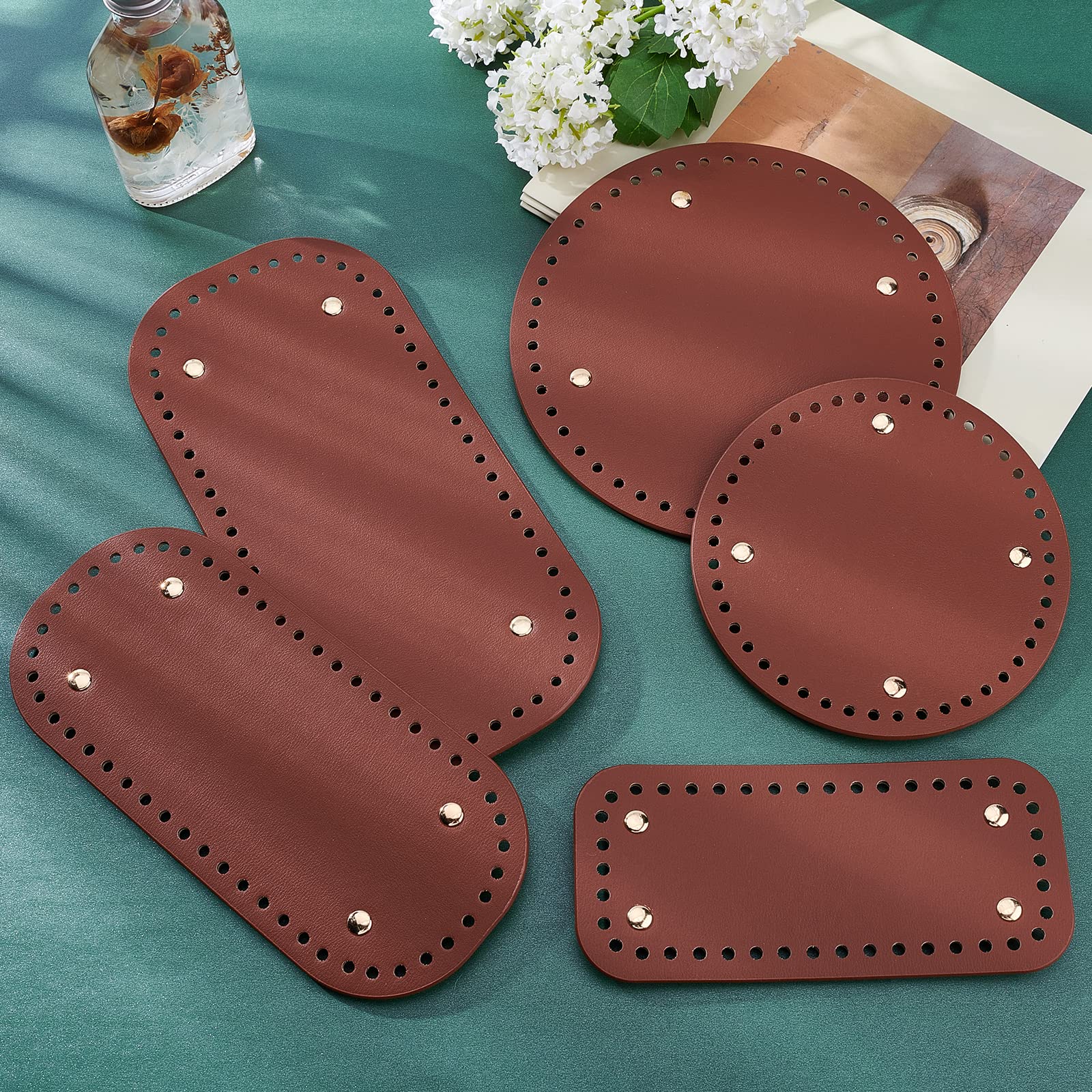 PH PandaHall 5 Sizes Crochet Bag Base - 5pcs Oval/Round/Rectangle Leather Bottom Shaper Pads with Golden Alloy Nails for DIY Handbag, Purse & Shoulder Bag Making (Brown) - Perfect for Crafting, Repairing & Reinforcing Crochet Bags