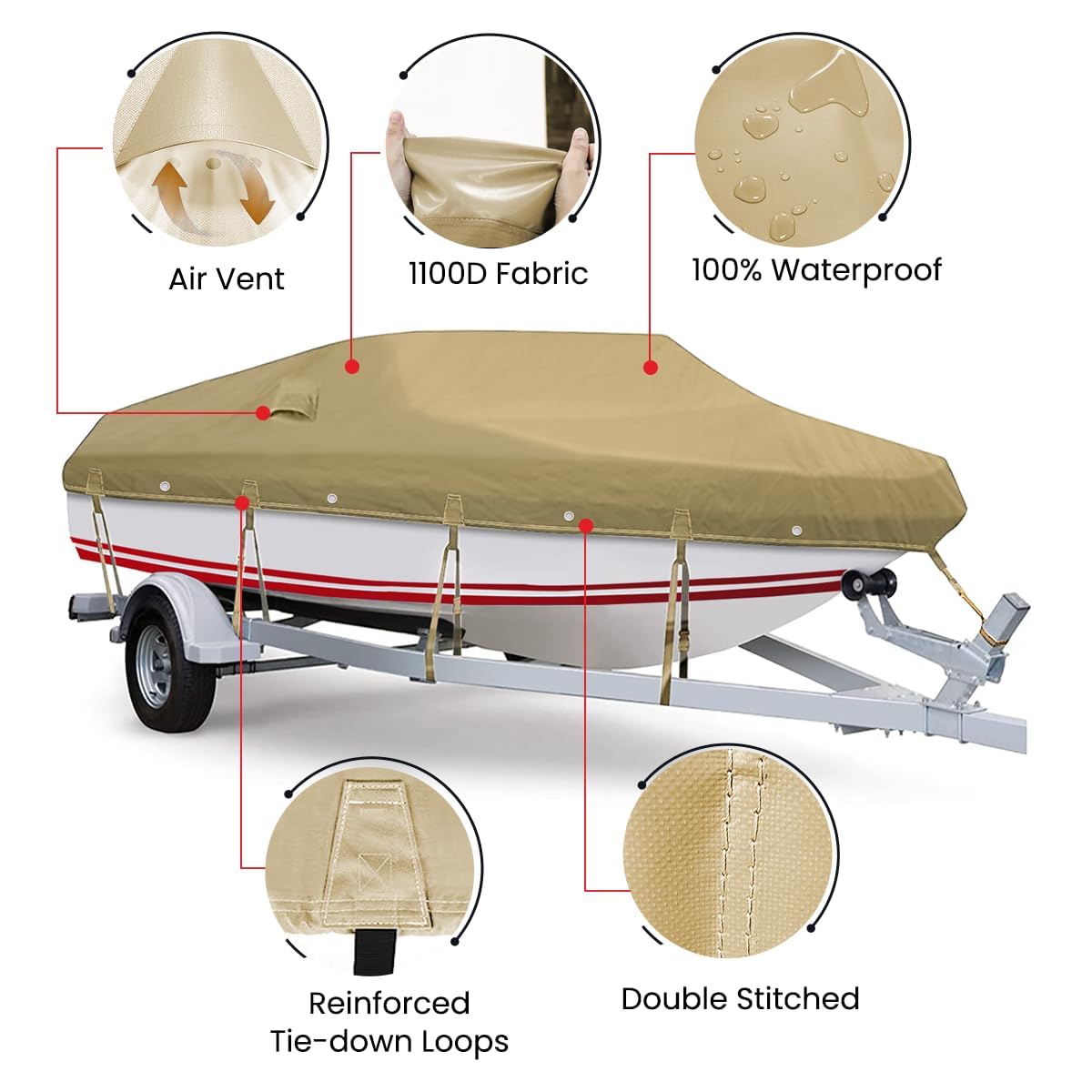 **15ft-17ft Heavy Duty 1100D PU Waterproof Boat Cover with Tightening Strap & Storage Bag – Trailerable Full Size for V-Hull Runabouts – UV, Weather & Scratch Protection – 2-Year Warranty – Perfect for Outdoor Storage & Travel**