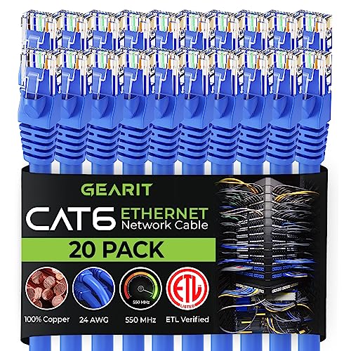 GearIT Cat 6 Ethernet Cable 0.5 ft 6-Inch (20-Pack) - High-Speed Cat6 Patch Cable, Snagless RJ45 Connectors, 550MHz Bandwidth, Blue - Perfect for Home Office, Gaming Setup & Network Equipment Short Connections