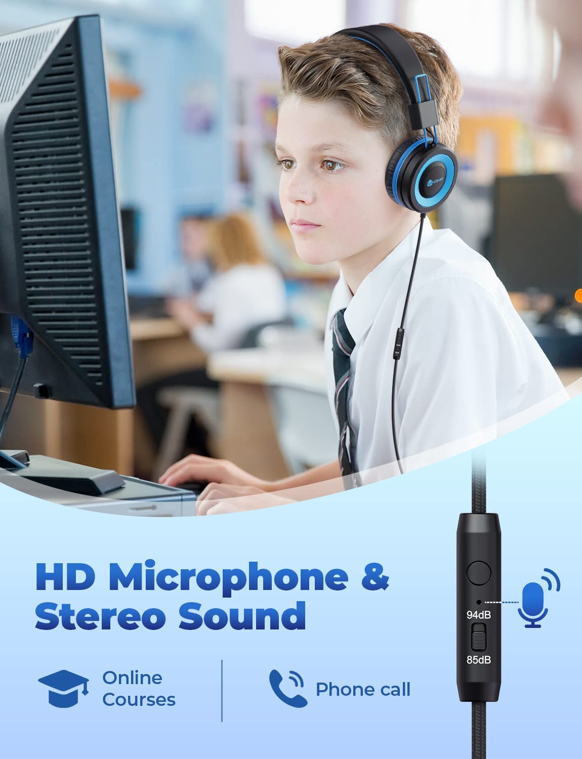 iClever Kids Headphones with Cord - 85/94dB Safe Volume Technology, Bend-Resistant & Durable, Foldable Stereo Sound Wired Headphones for Boys & Girls - Perfect for School, Travel, Tablet Use & Online Learning (3.5mm Jack, Model HS14)