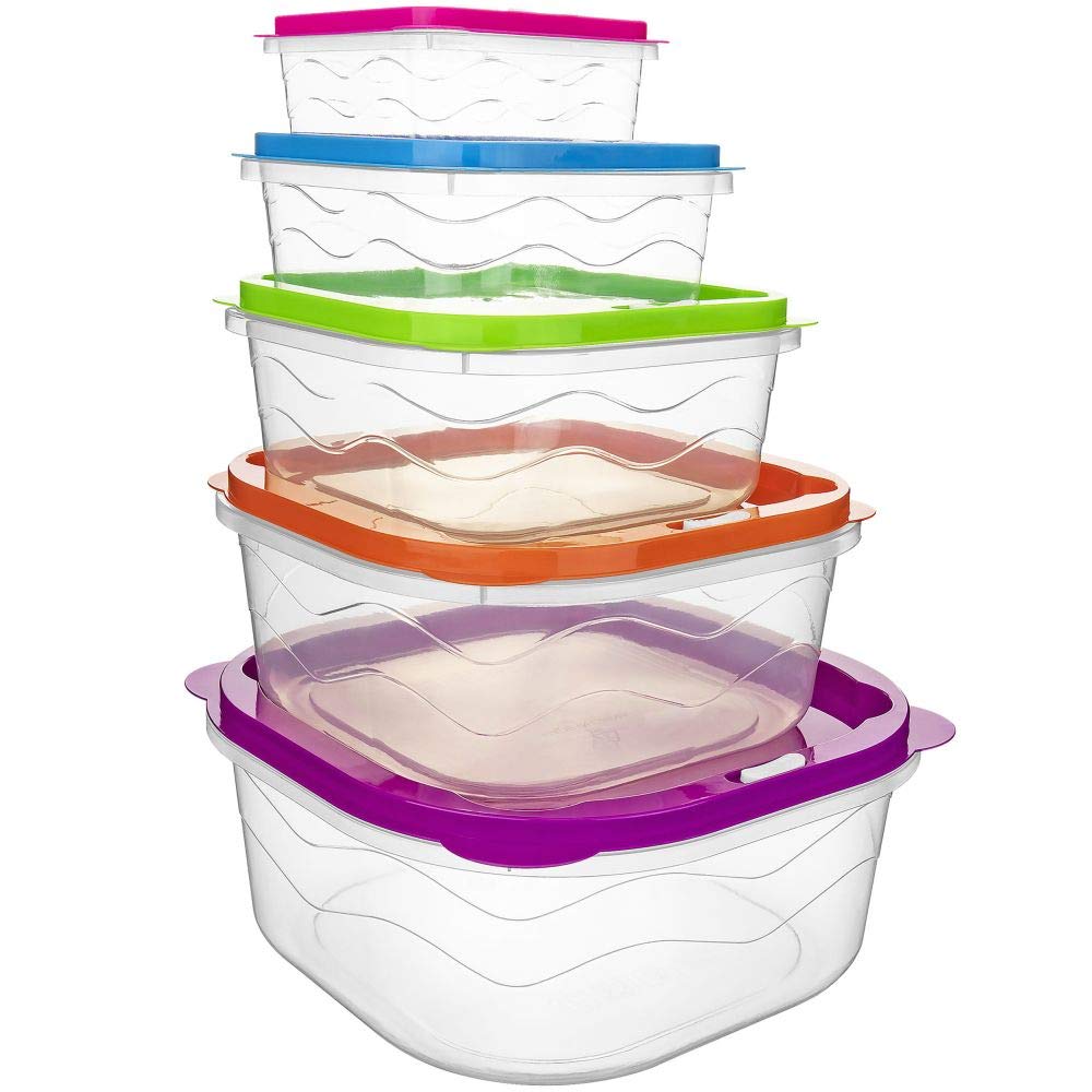 Square Food Storage Containers with Colorful Snap-On Lids - 5-Piece Set for Kitchen Organization & Meal Prep | Airtight BPA-Free Plastic Containers for Leftovers, Snacks & Pantry Storage | Southern Homewares
