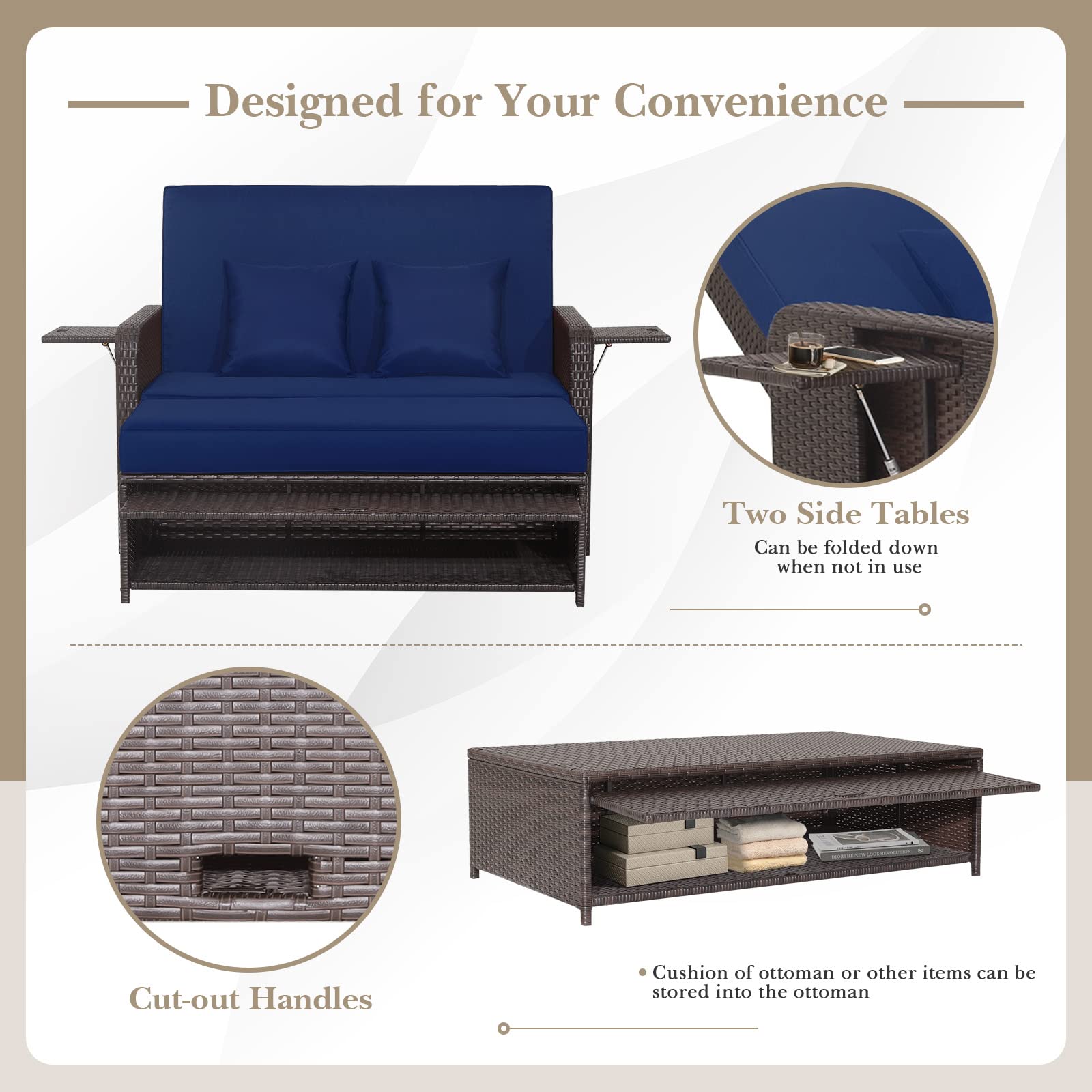 Tangkula Outdoor Rattan Daybed Set with Adjustable Backrest - Wicker Loveseat Sofa, Ottoman & Side Tray - Includes Storage Footstool & Cushions (Navy) - Perfect for Patio, Garden, Poolside & Backyard Relaxation