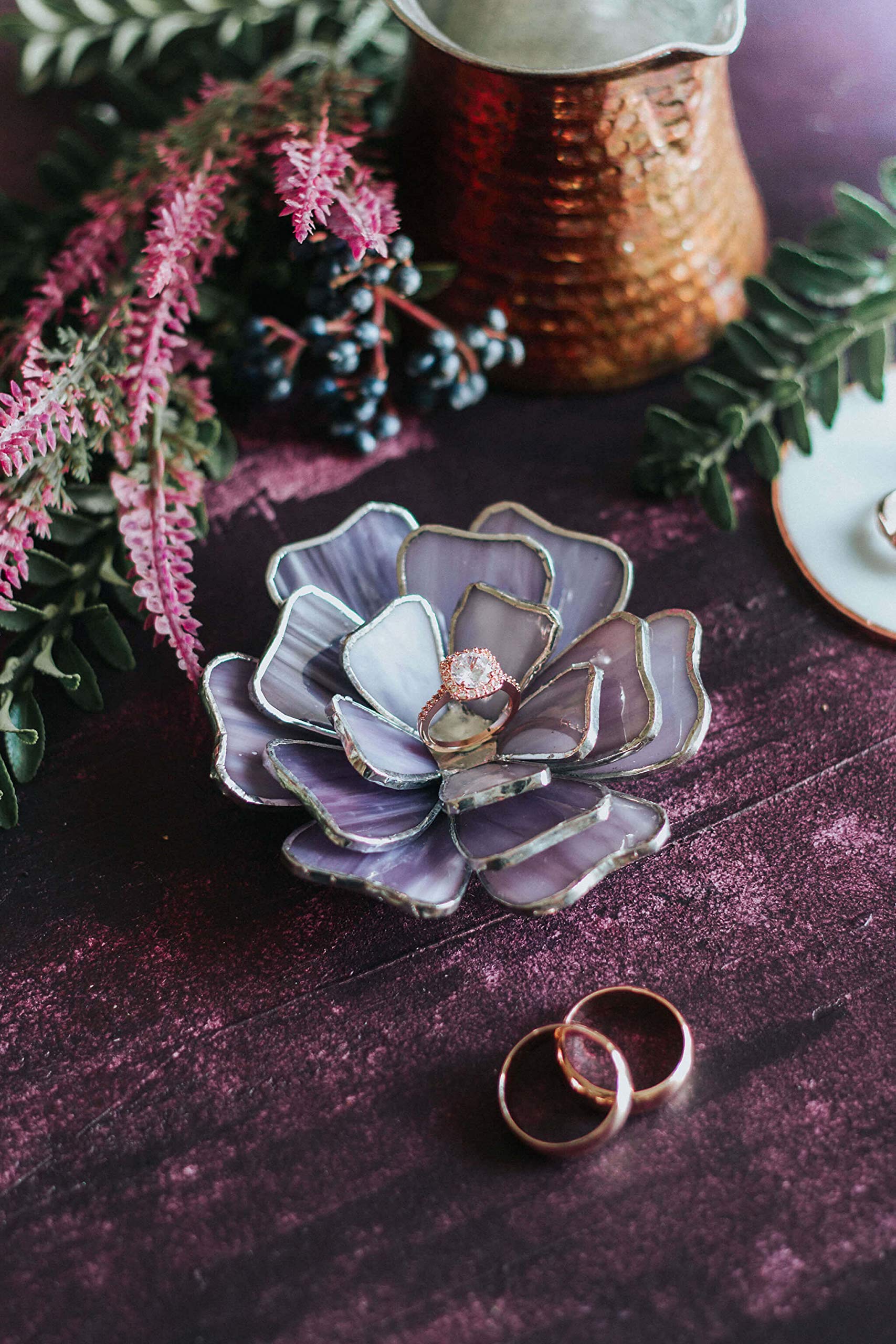 Opalescent Glass Ring Holder - Elegant Jewelry Dish & Flower Ring Tray for Engagement, Wedding, Anniversary - Perfect Valentine's Day Gift & Wedding Decor (Purple) | Ideal for Displaying Rings, Earrings, and Small Trinkets on Dresser, Vanity or Bridal Shower Decor