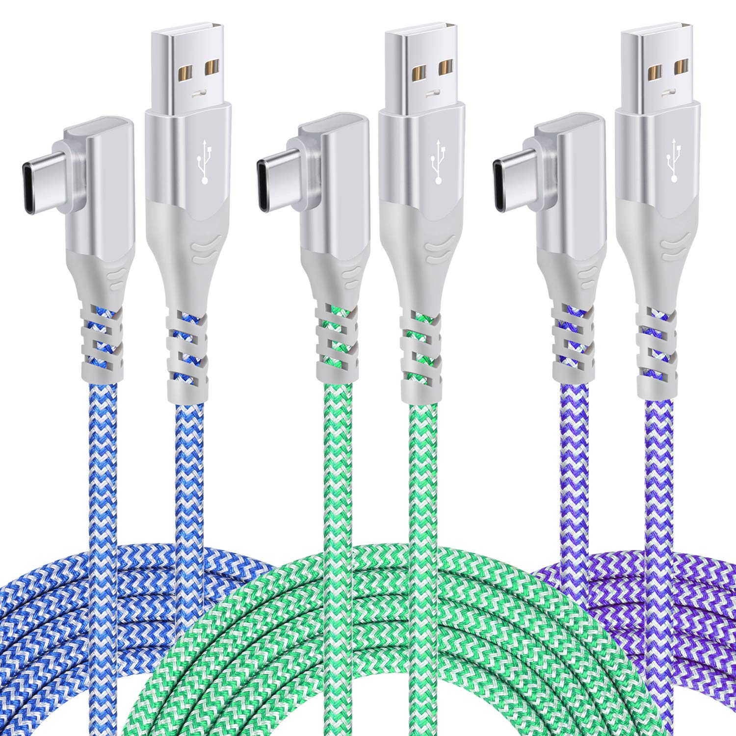 Pofesun 3-Pack 10ft USB C to USB A Fast Charging Cable - Nylon Braided Right Angle Type C Charger Cord for Samsung Galaxy S24/S23/S22/S21/S20/Note 20 10, LG G6/V30, Google Pixel - Perfect for Home, Office & Travel Charging