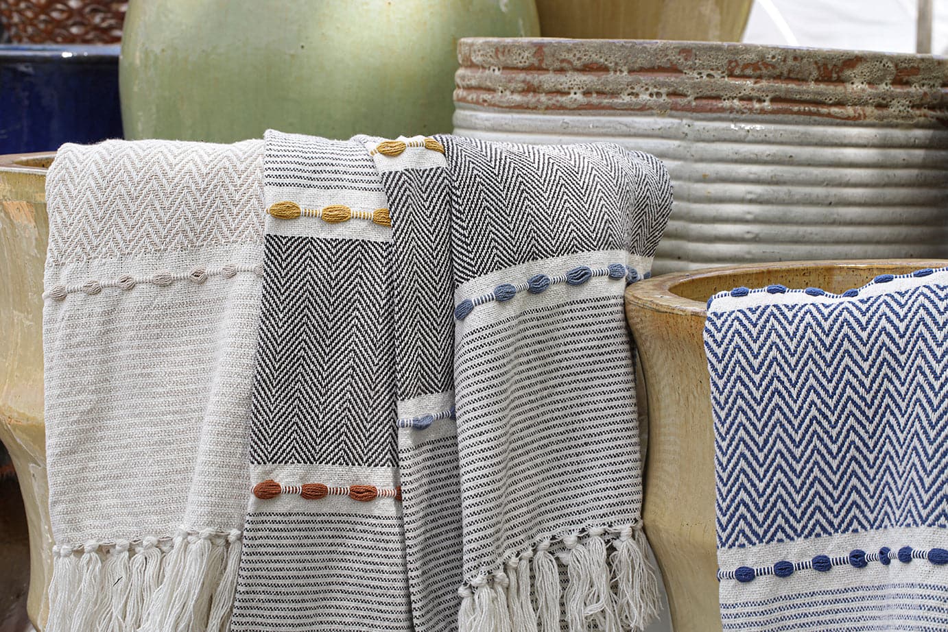 Herringbone Stripe Yarn-Dyed Cotton Woven Tassel Throw Blanket - Soft & Cozy Decorative Couch Cover for Living Room, Bed, Sofa