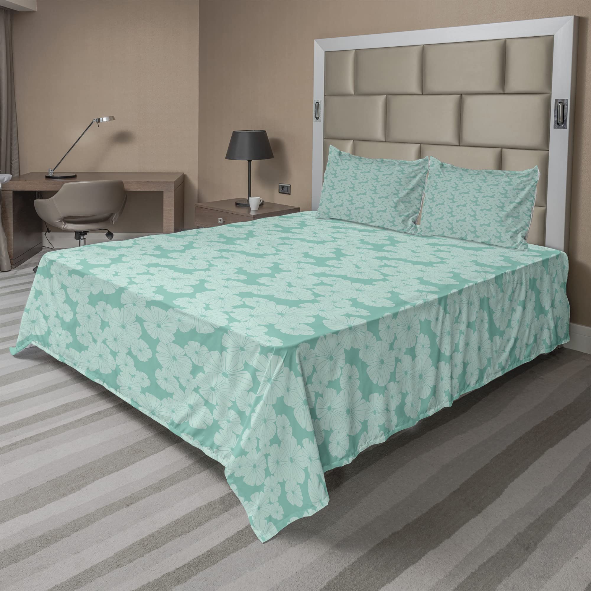 Ambesonne Floral King Sheet Set - 4 Piece Monochrome Flower Petals Design Bedding with Fitted Sheet, Flat Sheet & Pillowcases - Seafoam & Pale Seafoam - Perfect for Master Bedroom, Guest Room & Vacation Homes