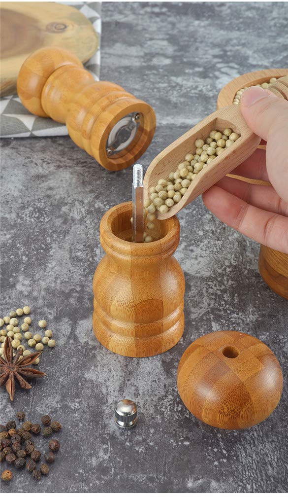 Premium Wooden Salt and Pepper Grinder Set - 4 Inch (11.5cm) Adjustable Ceramic Mill with Coarse to Fine Grind Settings - Perfect for Kitchen, Dining Table & Gourmet Cooking