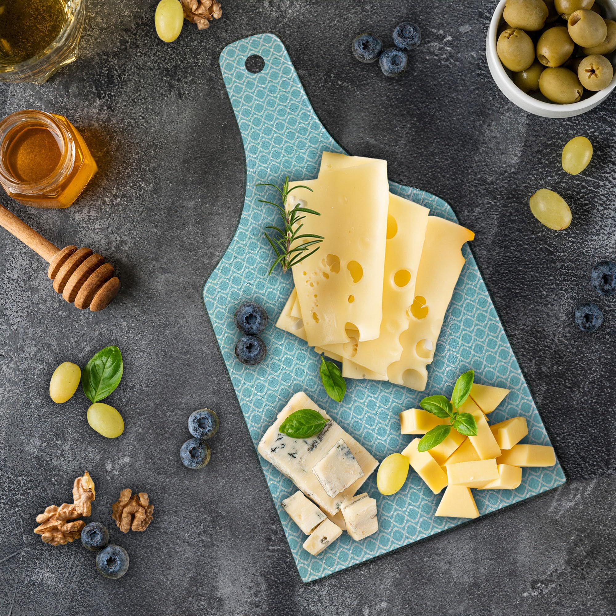 Ambesonne Modern Tempered Glass Cutting Board - Pool Water Wavy Lines Design, Decorative Serving Board with Wine Bottle Shape in Pale Blue & White - Perfect for Kitchen Prep, Charcuterie Display & Wine Pairing