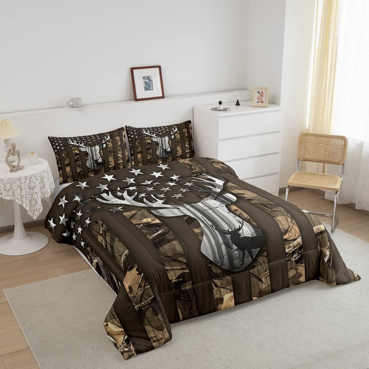 Camo American Flag Twin Comforter Set for Boys & Teens - Deer Antlers Brown Camouflage Quilt with Rustic Farm Branches, Leaves & Stars - USA Flag Themed Bedding for Hunting & Outdoor Enthusiasts - Perfect for Teen Bedrooms, Cabins & Dorm Rooms