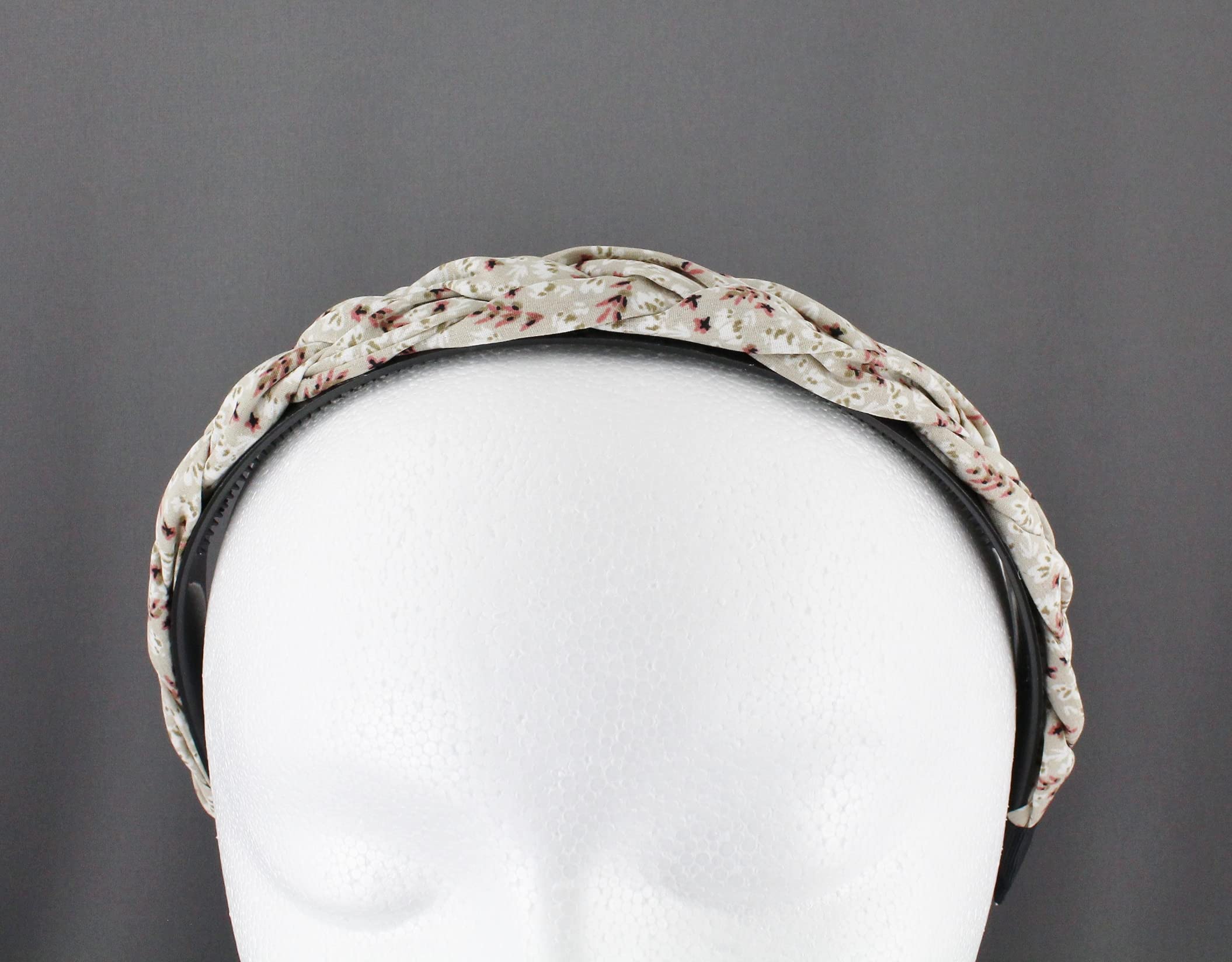 Beige Floral Braided Headband - Soft Fabric Covered Hair Band with Grip Teeth & Braid Flowers - 1 Inch Wide - Perfect for Weddings, Parties & Everyday Wear