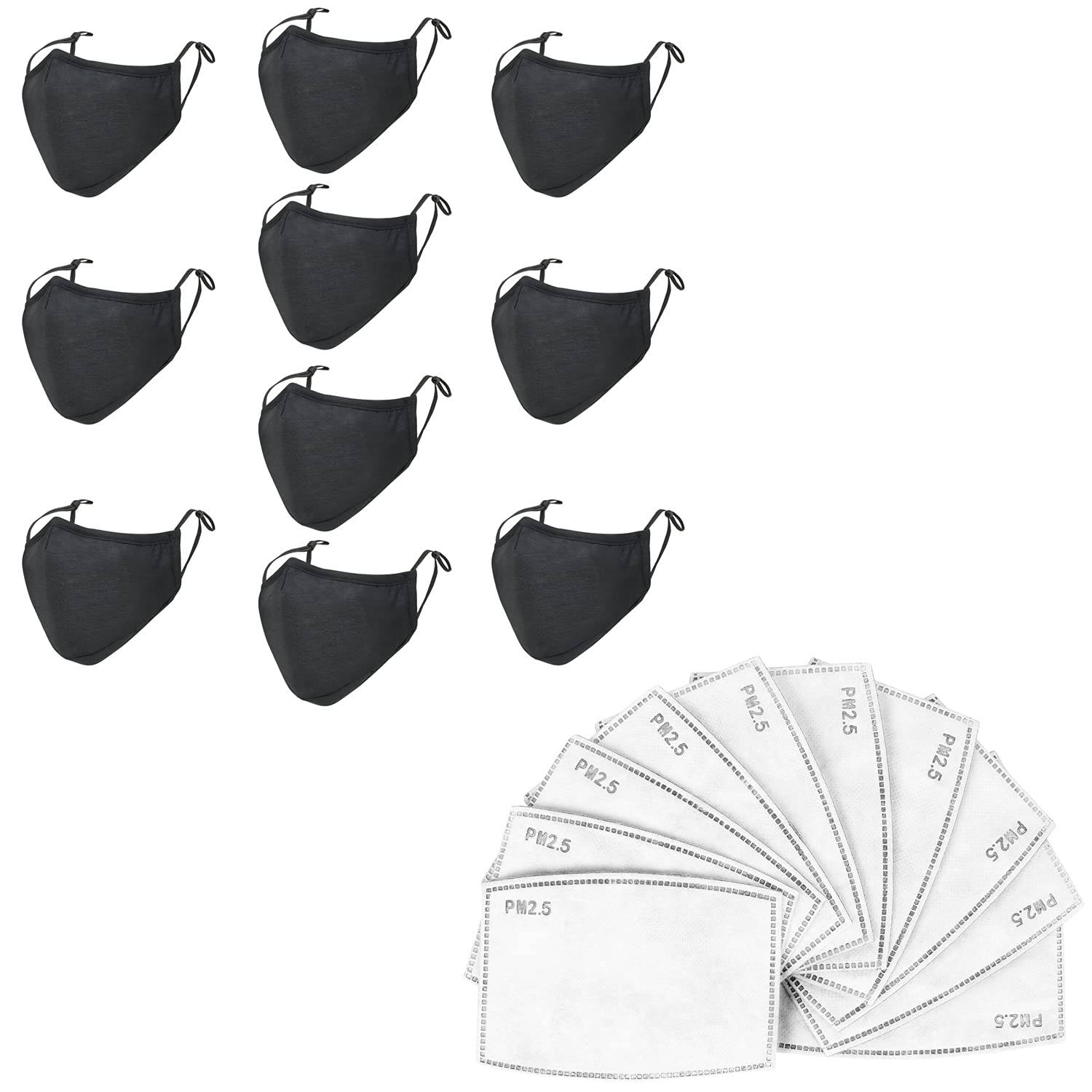 ililily Black Cotton Washable Nose Wire Face Mask with Filter Pocket - Reusable Wide Coverage Protection (10-Pack) for Daily Use, Travel & Public Safety