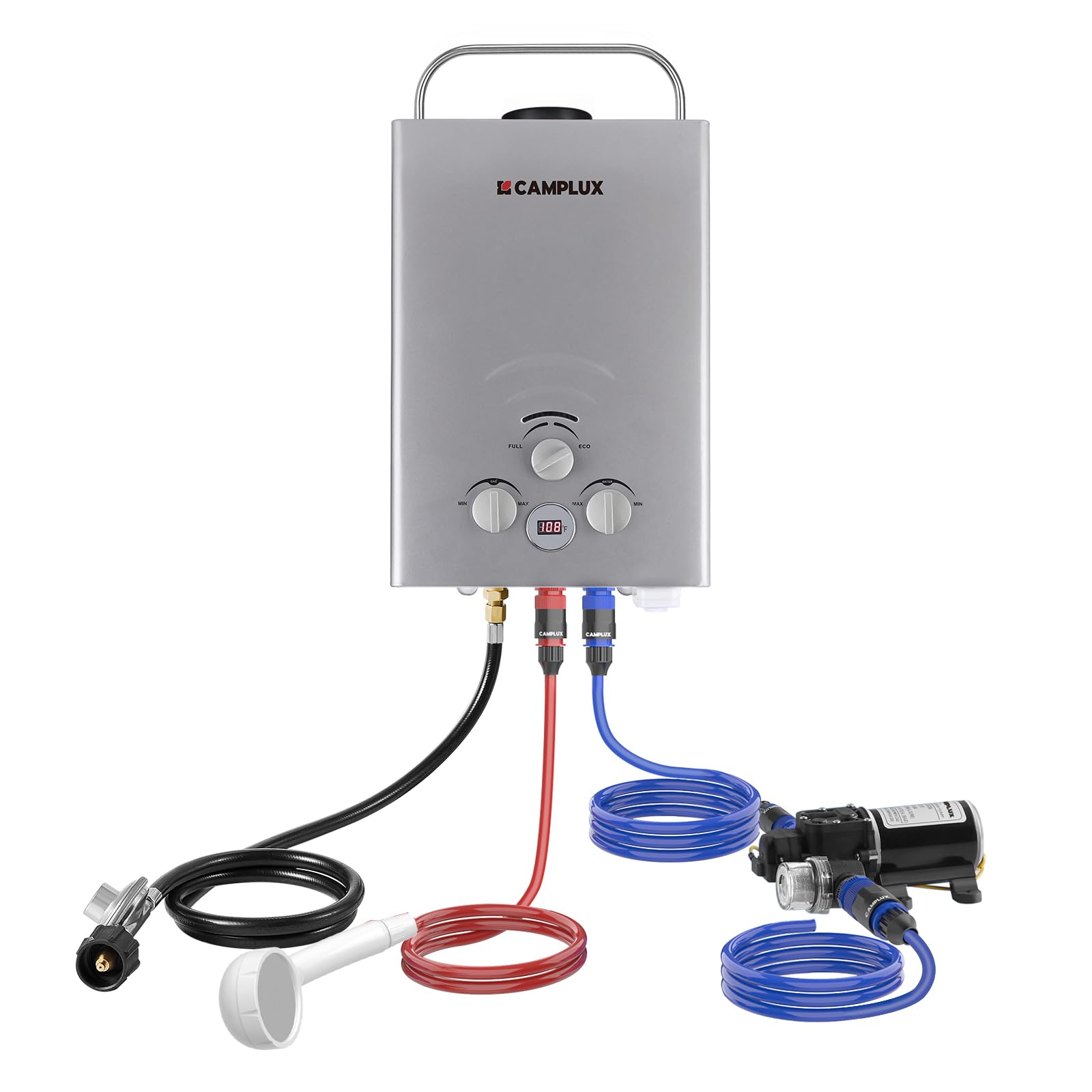 CAMPLUX 41,000 BTU Portable Propane Water Heater for Outdoor Camping & RV Use - 1.58 GPM Tankless Design with 1.6 GPM Water Pump (BW158GP60, Gray) - Perfect for Showering, Washing Dishes & Outdoor Adventures