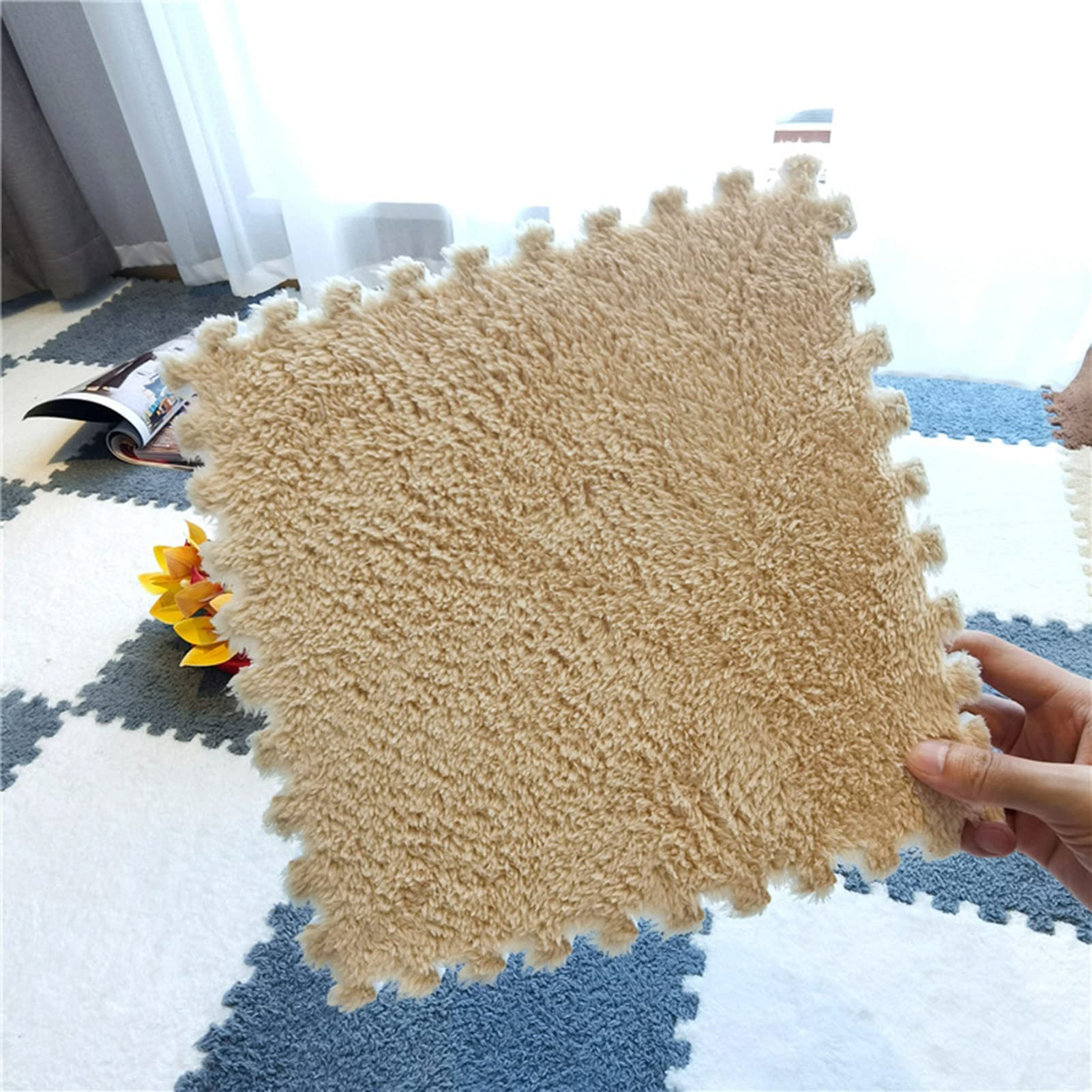10Pcs Plush Puzzle Play Mat - Soft Shaggy Rug for Baby & Kids - Light Brown - Perfect for Nursery & Bedroom Floor