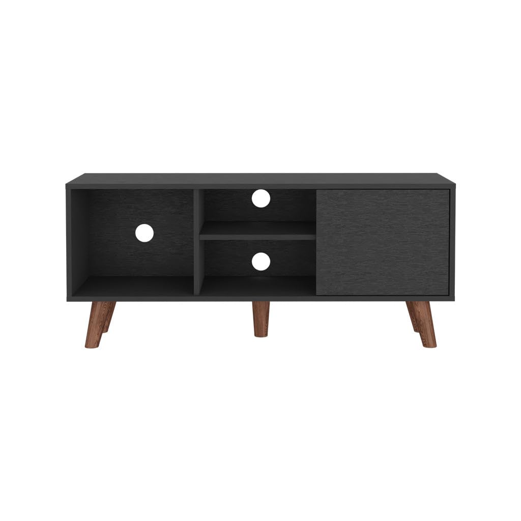 Tuhome 57 Inch TV Stand with 3 Shelves and Single Door Cabinet - Black for Living Room, Bedroom, or Home Theater Setup