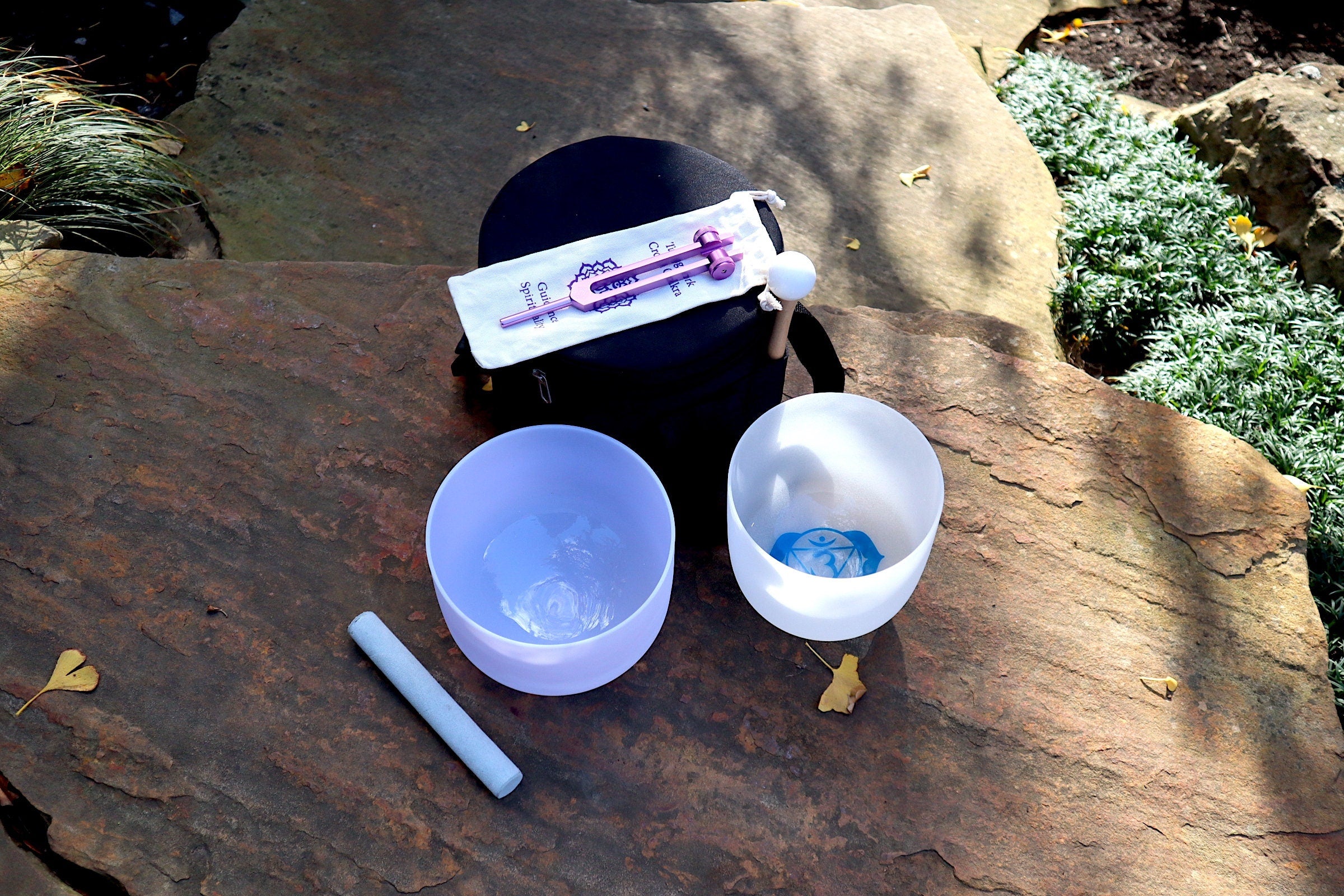 432Hz Amethyst Gem Infused Singing Bowl Set - 8 Heart Chakra Bowl & 7 Third Eye Bowl with Crown Chakra Tuning Fork, Mallet, O-Ring & Carry Case for Meditation, Sound Healing & Chakra Balancing