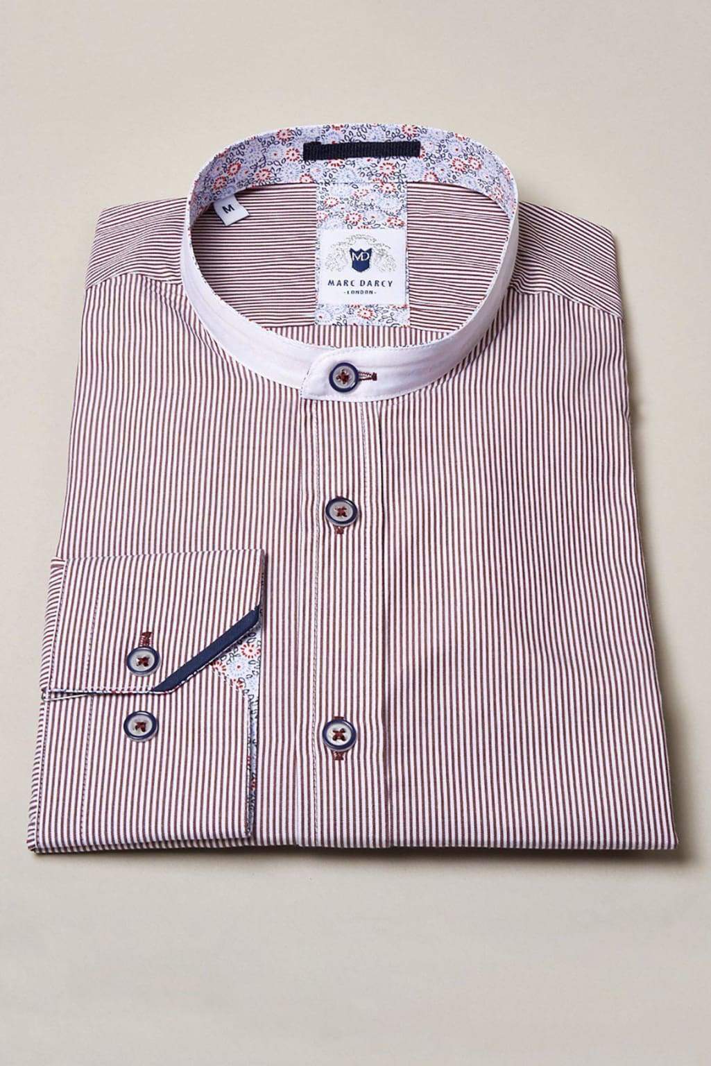 Marc Darcy Cooper Grandad Collar Wine Stripe Shirt for Men - Vintage Style Button Down Casual Shirt - Perfect for Date Night, Office Wear & Weekend Outings