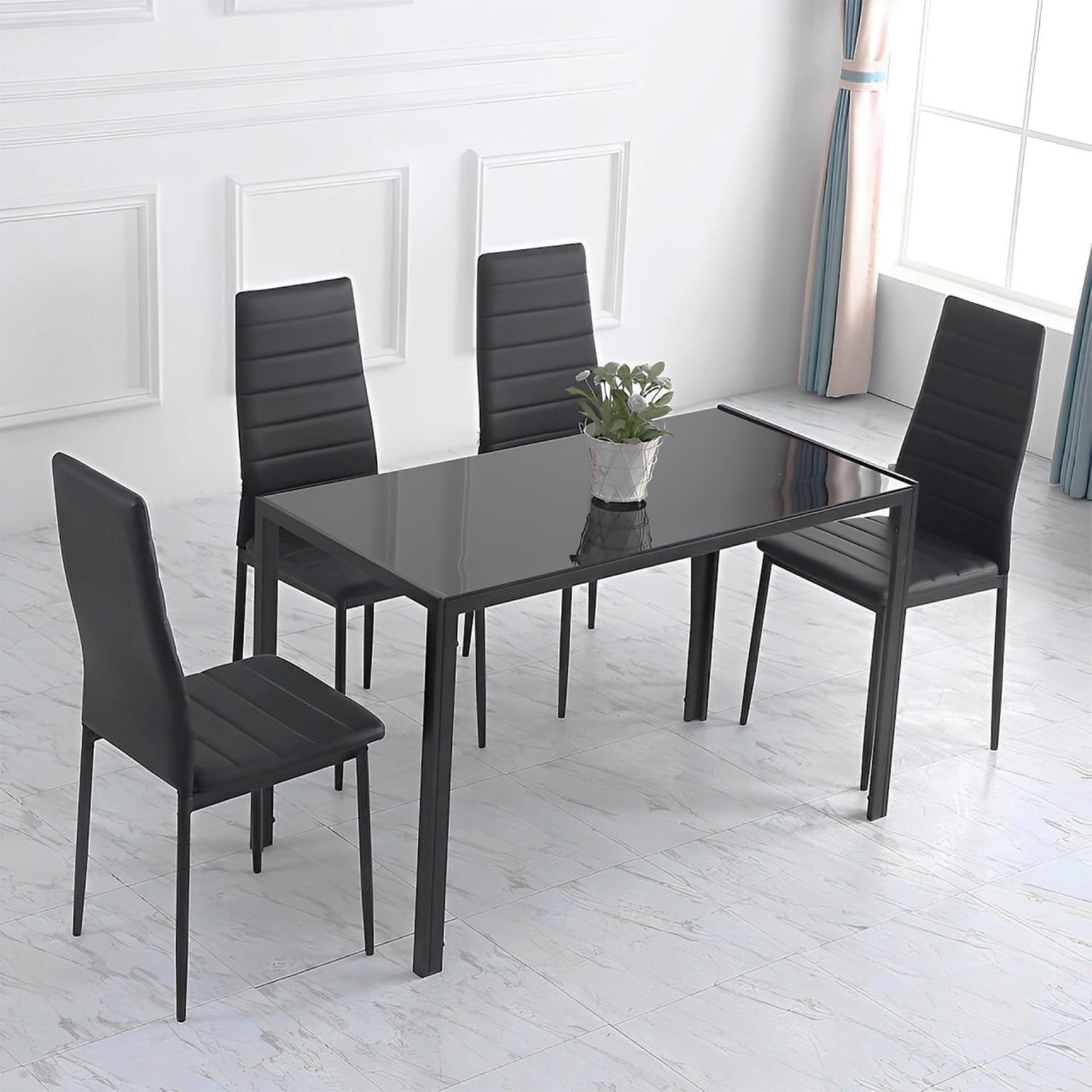 5-Piece Modern Black Glass Dining Table Set with 4 Chairs, Perfect for Family Dinners, Parties, and Everyday Kitchen Use