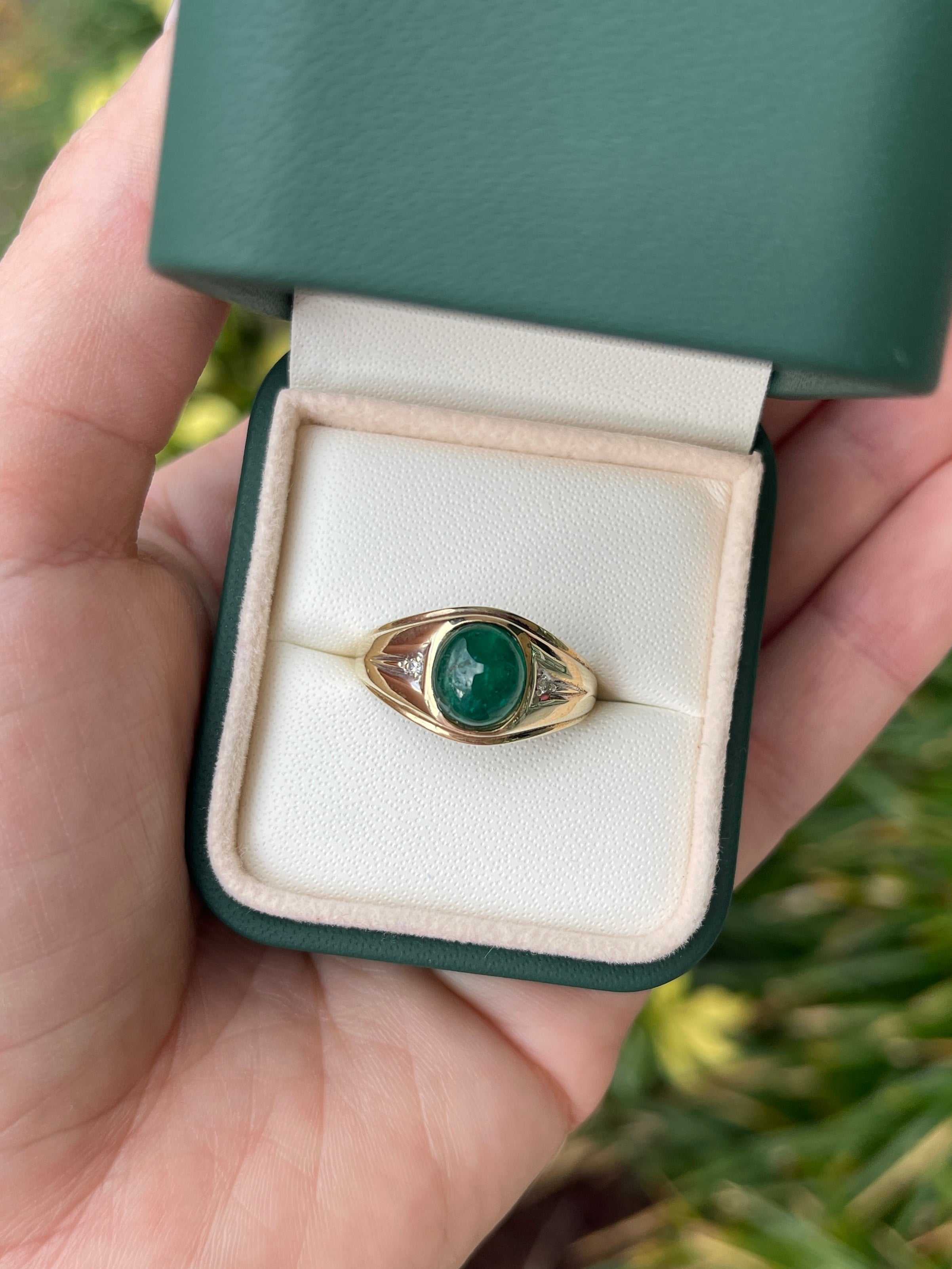 3.20tcw Natural Emerald Cabochon & Diamond Three Stone Men's Ring in 14K Gold - Perfect for Everyday Wear, Wedding Bands & Anniversary Gifts