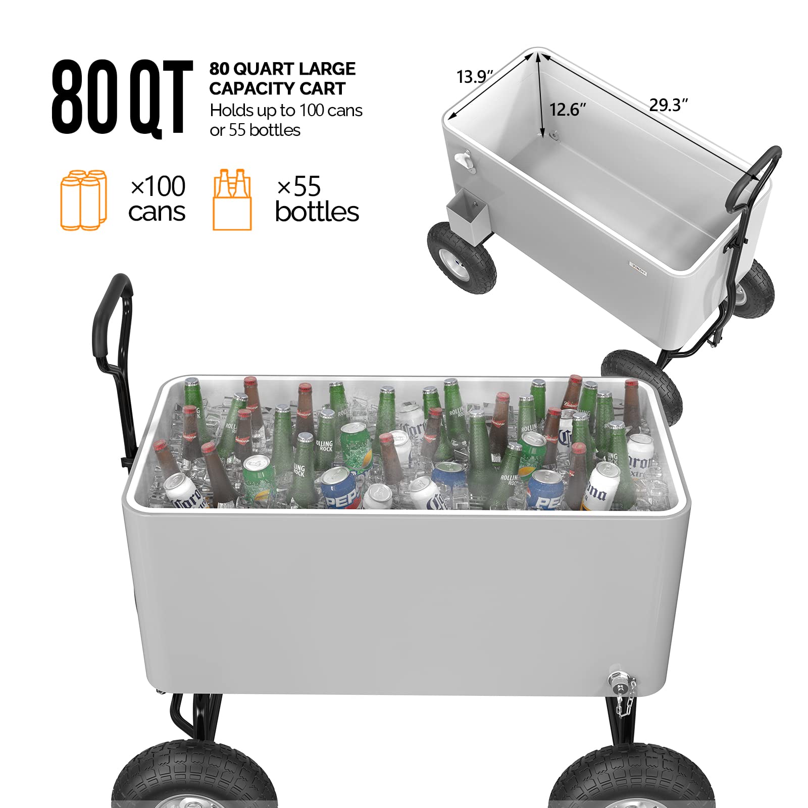 VINGLI 80 Quart Rolling Cooler with Wheels - Portable Ice Chest for Beach, Camping, Tailgating & Outdoor Parties - Heavy Duty Wagon Cooler with Long Handle & 10