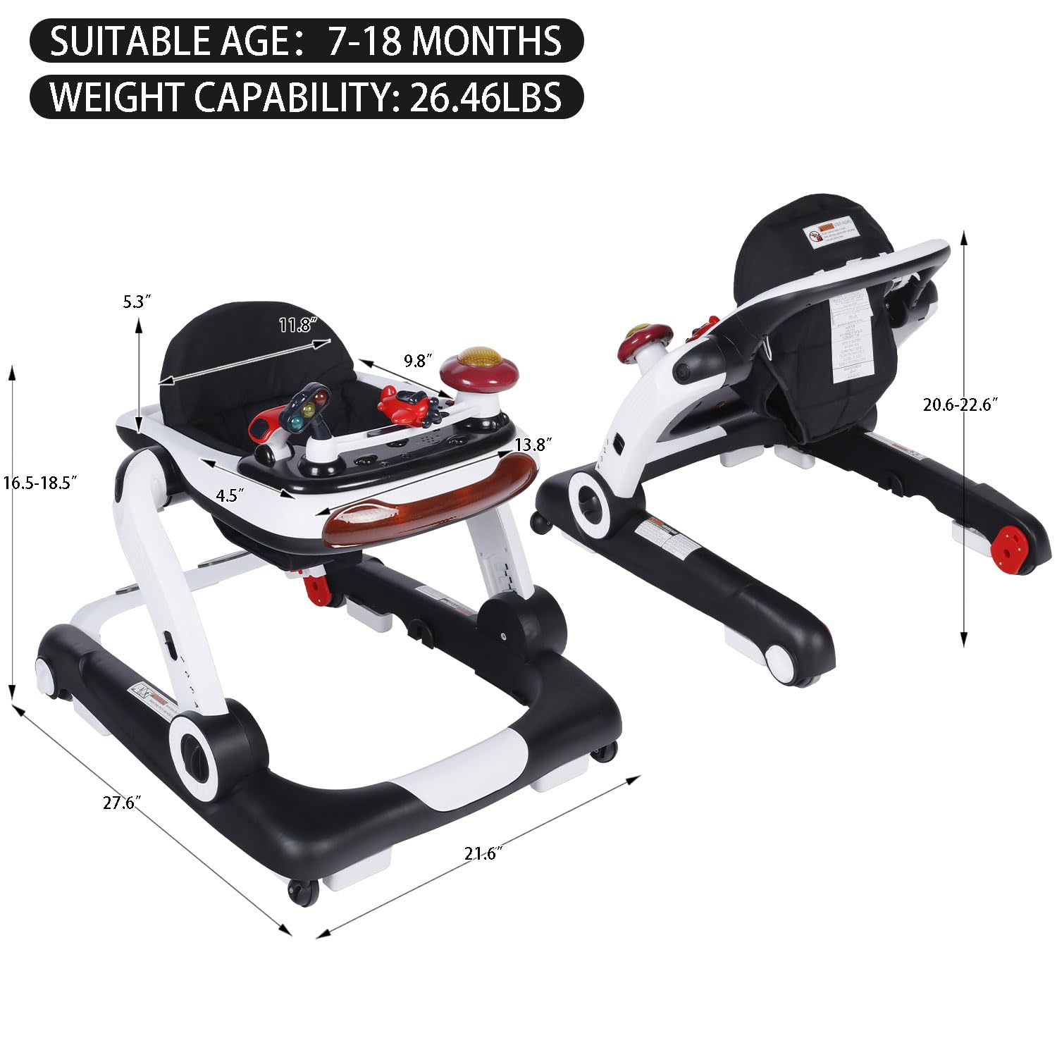Kinder King 5-in-1 Baby Walker with Music & Lights - Adjustable Height & Seat, Learning-Seated & Walk-Behind Toddler Activity Walker with Safety Bumper & Anti-Rollover Design (Black) - Perfect for Early Learning, Playtime & First Steps