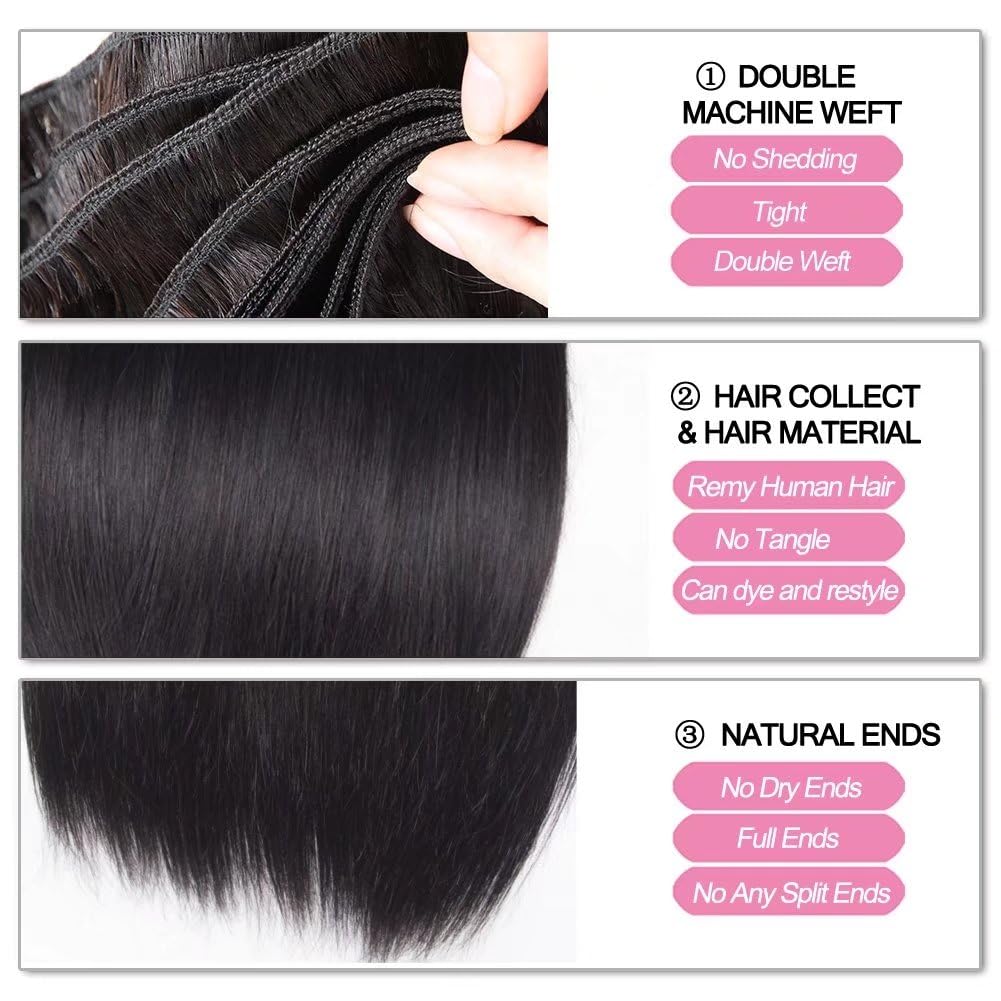 FEEL ME 8A Grade Brazilian Virgin Straight Hair Bundles - 3 Bundles Natural Black Human Hair Extensions (18 20 22 Inches) for Smooth & Silky Hairstyles | Perfect for Daily Wear, Parties & Special Occasions