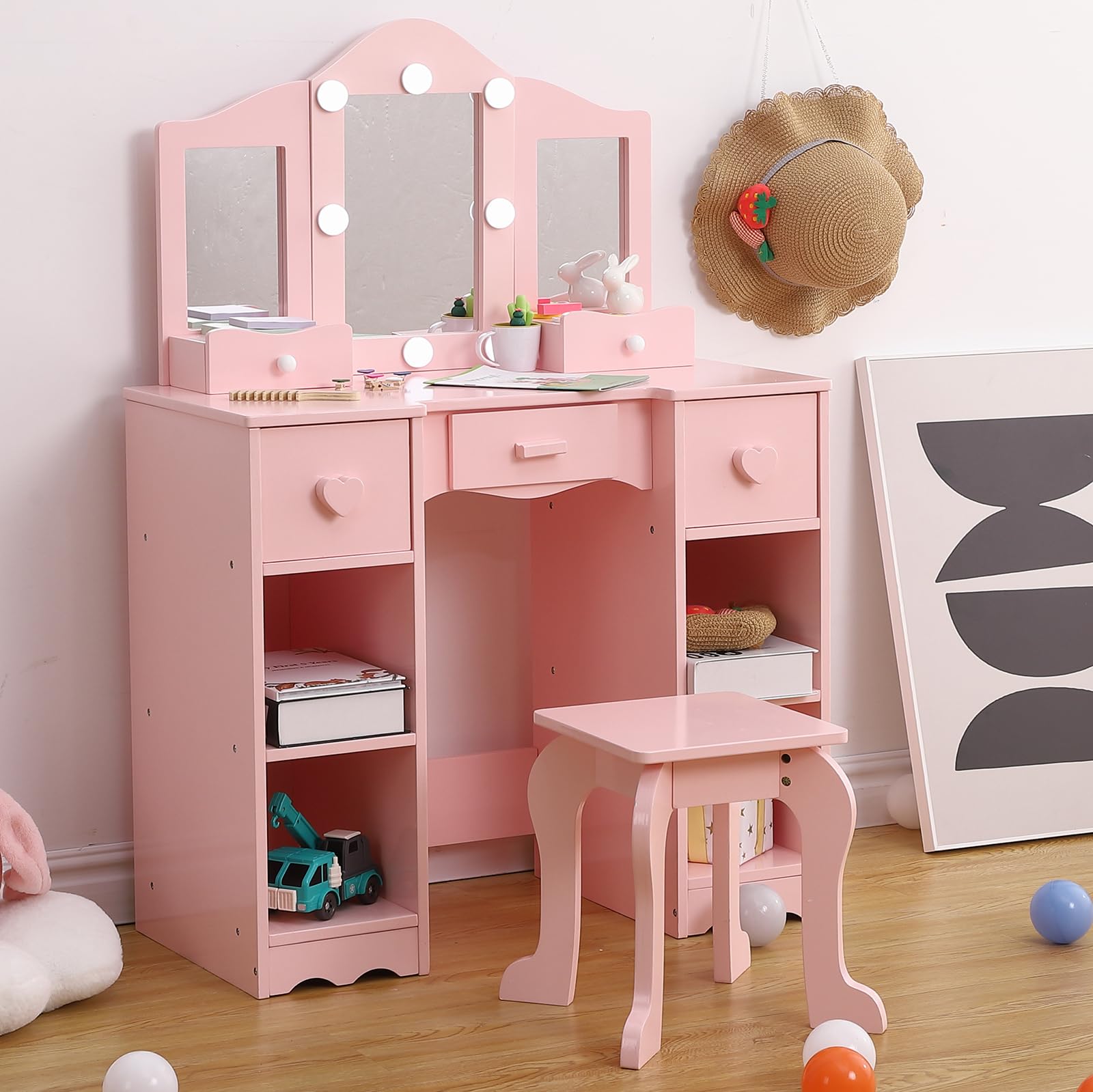 GAOMON Kids Vanity Table with Tri-Folding Mirror, LED Lights, Stool & Storage Drawer - 2-in-1 Wooden Princess Makeup Desk & Dressing Table for Toddlers - Perfect for Pretend Play, Birthday Gifts & Bedroom Decor (Pink/White)