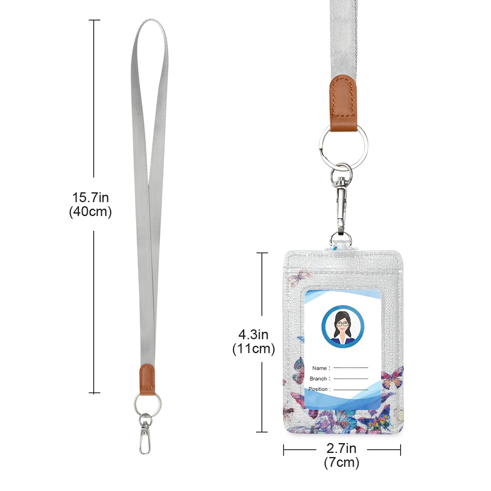 Vintage Butterfly ID Badge Holder - Leather Vertical with Lanyard for Office & School