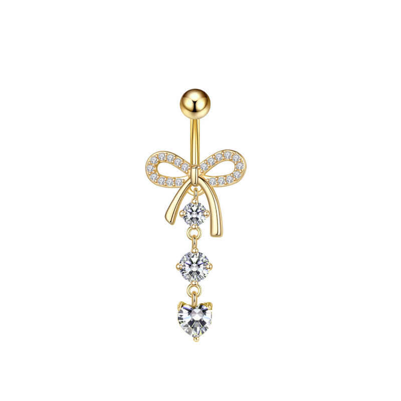 Rose Gold CZ Bow Dangle Belly Button Rings | Q0275 | Perfect for Piercing Jewelry, Belly Button Rings for Women, Trendy Body Jewelry for Summer Outfits and Beach Wear