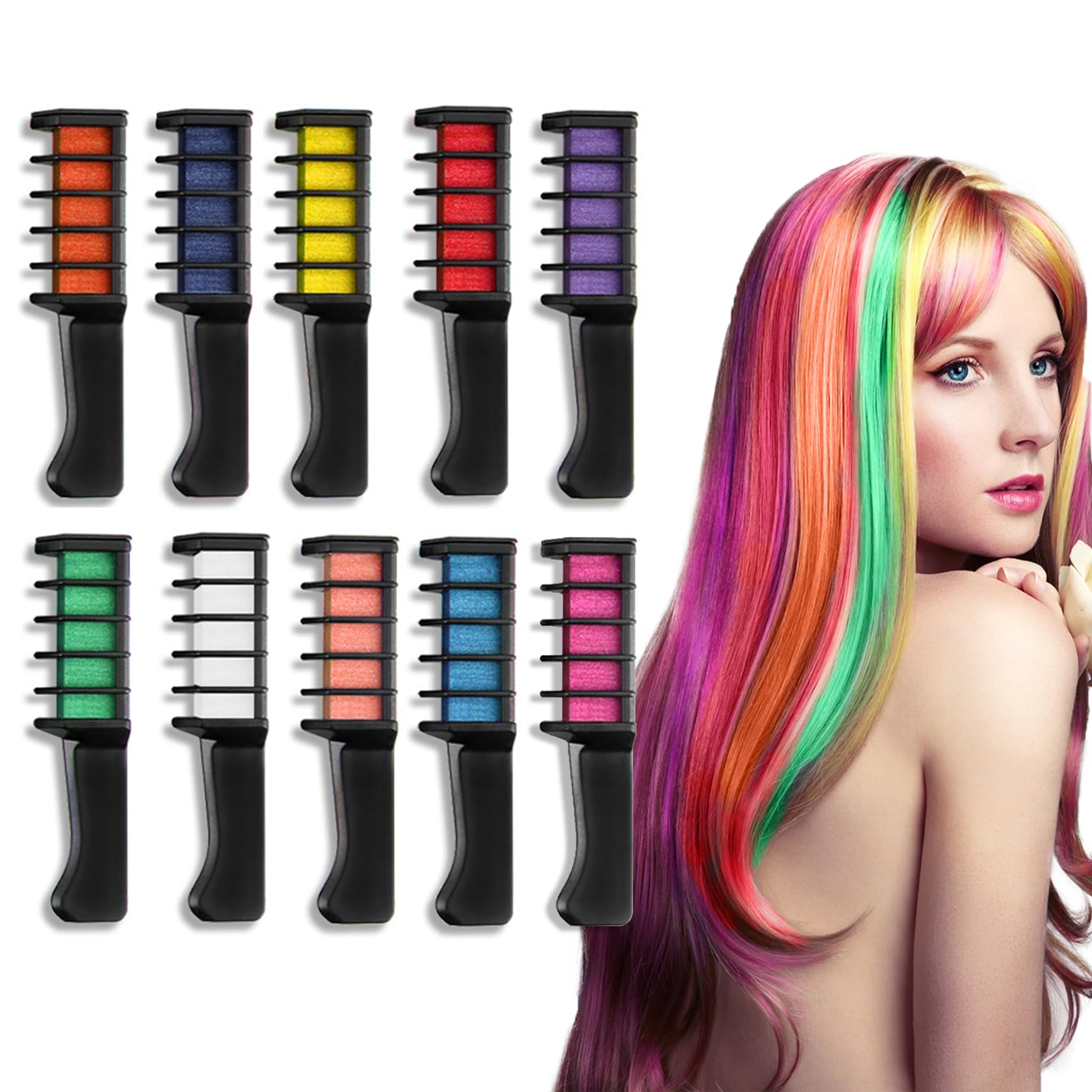10 Colors Washable Hair Chalk for Kids & Teens - Temporary Hair Dye for Girls Age 10-12, Non-Toxic DIY Hair Color Comb for Parties, Halloween, Cosplay & Festive Events - Perfect for Birthday Celebrations & School Events