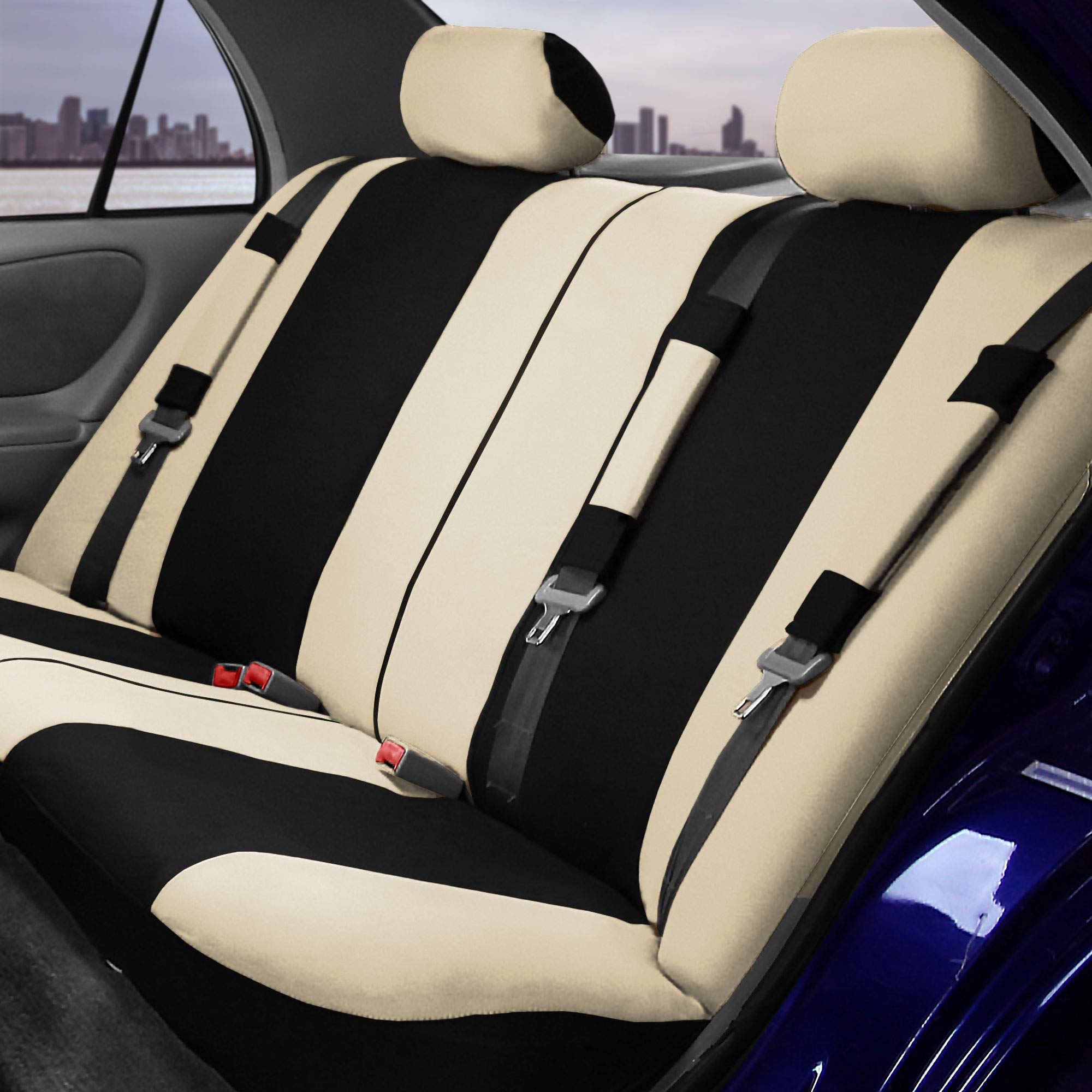 FH Group Universal Fit Car Seat Covers with Airbag Compatibility - Full Set of Breathable Flat Cloth Seat Protectors & Car Floor Mats Combo (Beige) | Perfect for SUVs, Sedans, and Trucks | Interior Protection & Comfort Upgrade