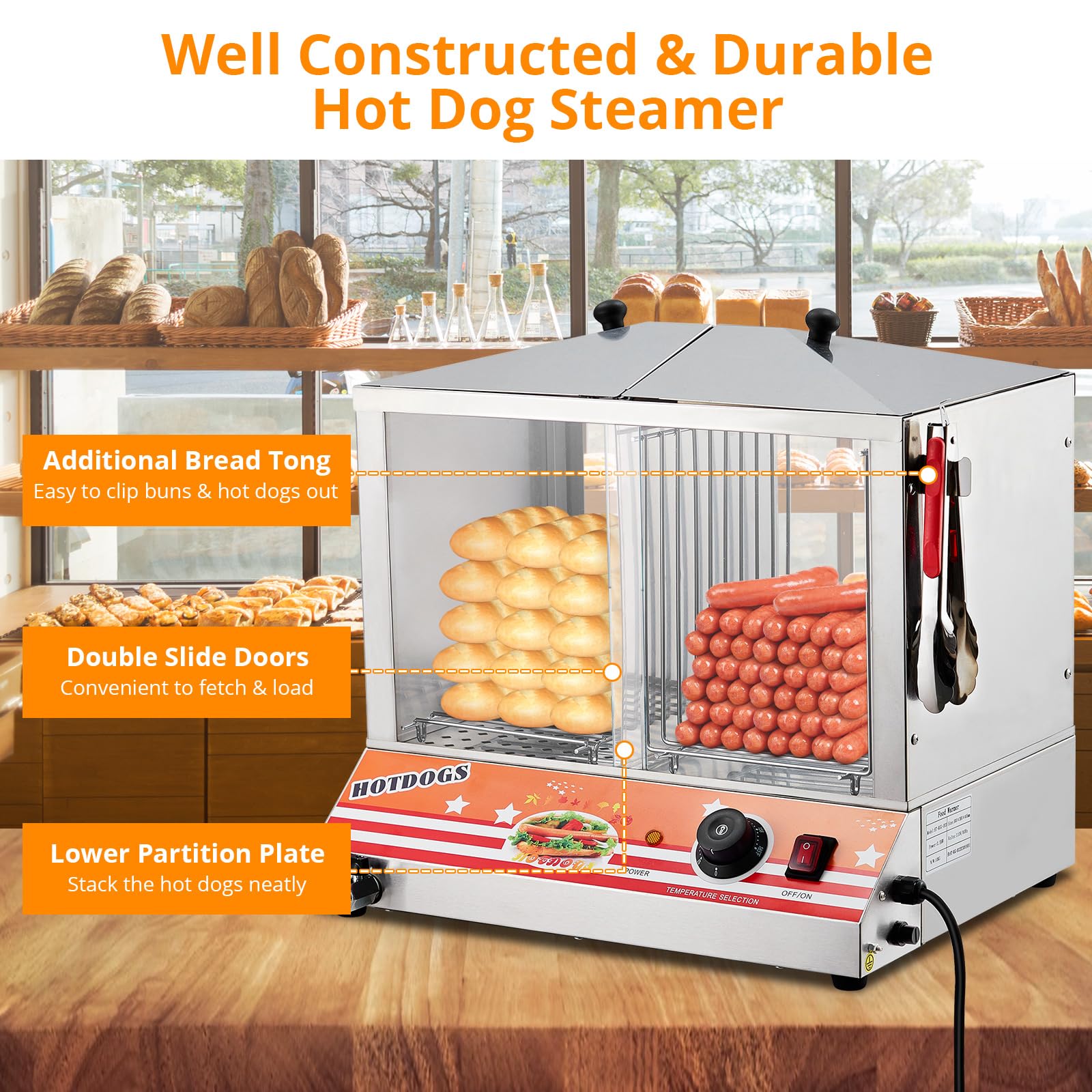 GARVEE 36L Commercial Hot Dog & Bun Steamer - Adjustable Temperature Stainless Steel Food Warmer for Restaurants, Food Trucks & Catering Events