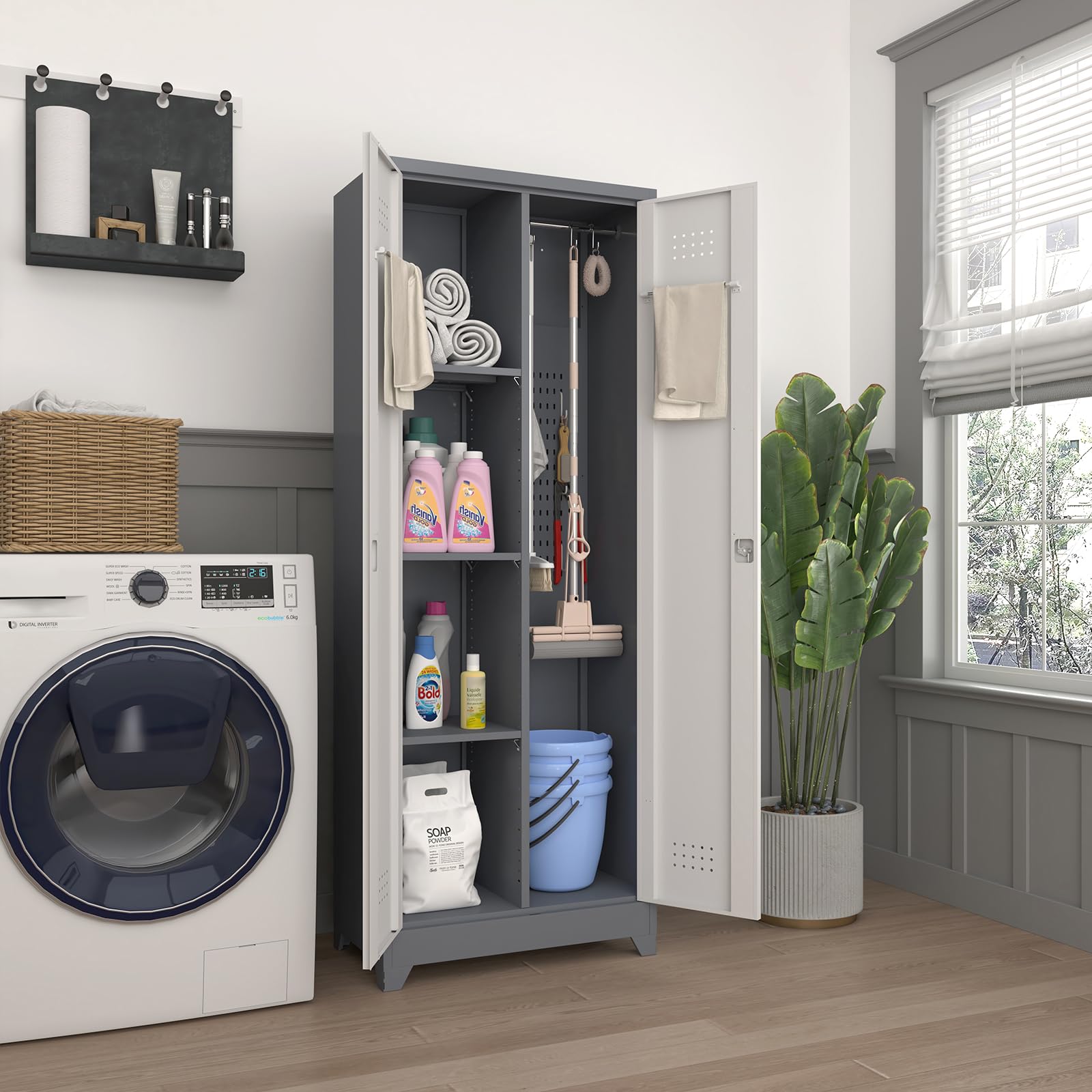 Metal Broom Storage Cabinet with Pegboard - Organize Cleaning Supplies, Brooms & Mops - Heavy Duty Laundry, Garage & Gym Storage Solution - Perfect for Home Organization & Cleaning Tool Storage