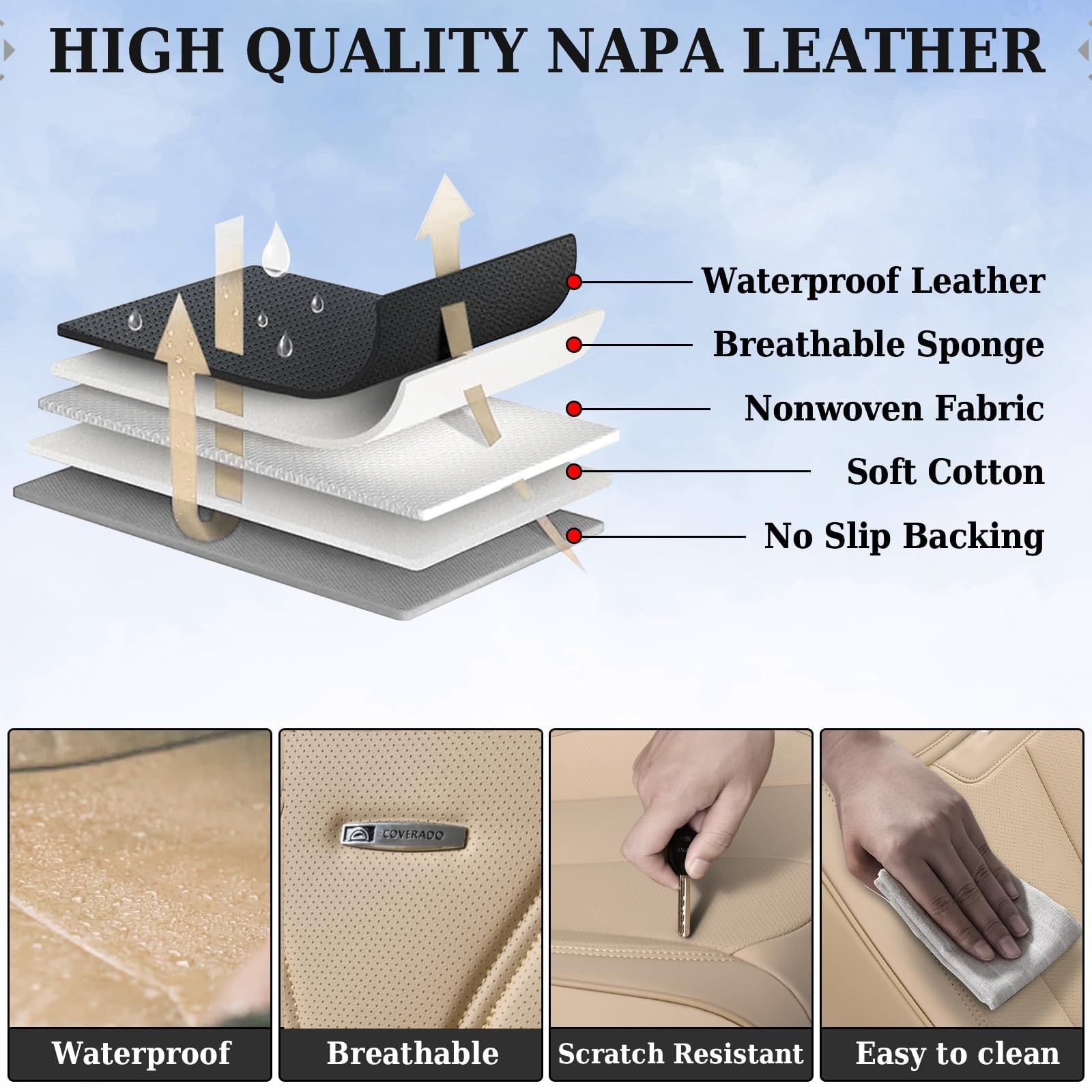 Premium Nappa Leather Waterproof Car Seat Covers (2-Pack) - Universal Fit for Most Vehicles, Front Seat Protectors for Cars, SUVs & Trucks - Beige - Perfect for Daily Commute, Road Trips & Pet Protection