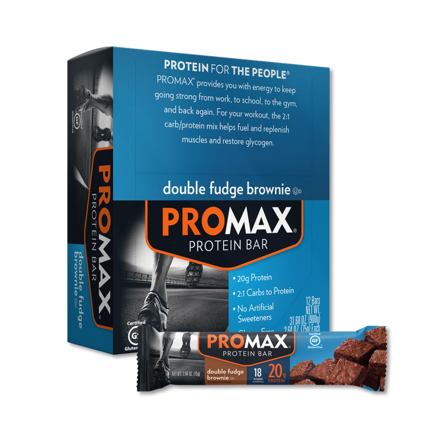 Promax Protein Bar - Double Fudge Brownie Flavor, 20g High Protein, Gluten Free, Low Sugar, 12 Pack - Perfect for Post-Workout Recovery, Healthy Snacking & On-the-Go Nutrition