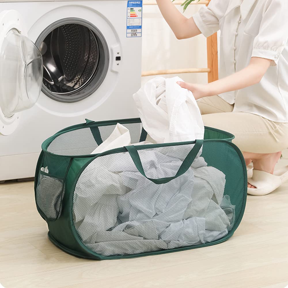 Collapsible Laundry Baskets - Foldable Mesh Pop Up Laundry Hamper with 2 Reinforced Handles (Gray & Green) - Perfect for Small Spaces, Dorm Rooms, Camping & Travel Organization