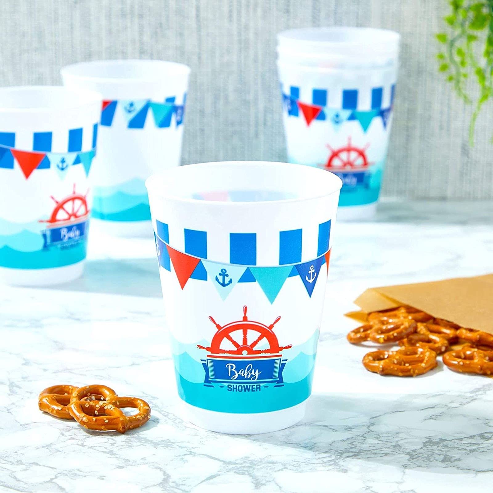 Sparkle and Bash Nautical Themed Plastic Cups - 16oz (16 Pack) for Baby Showers, Birthday Parties & Summer Celebrations - BPA Free Disposable Drinkware for Kids & Adults
