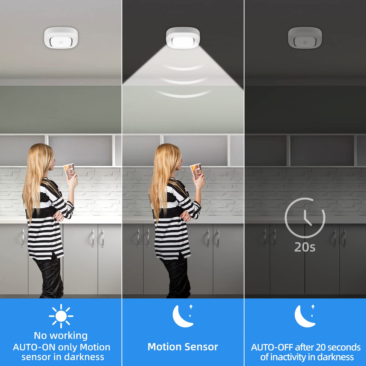 Motion Sensor Ceiling Light - Battery Operated LED Light with Auto On/Off (300LM, White) - Perfect for Closet, Hallway, Pantry, Laundry, Stairs, Garage, Bathroom, Shower, Porch & Shed - Indoor Motion Activated Lighting Solution