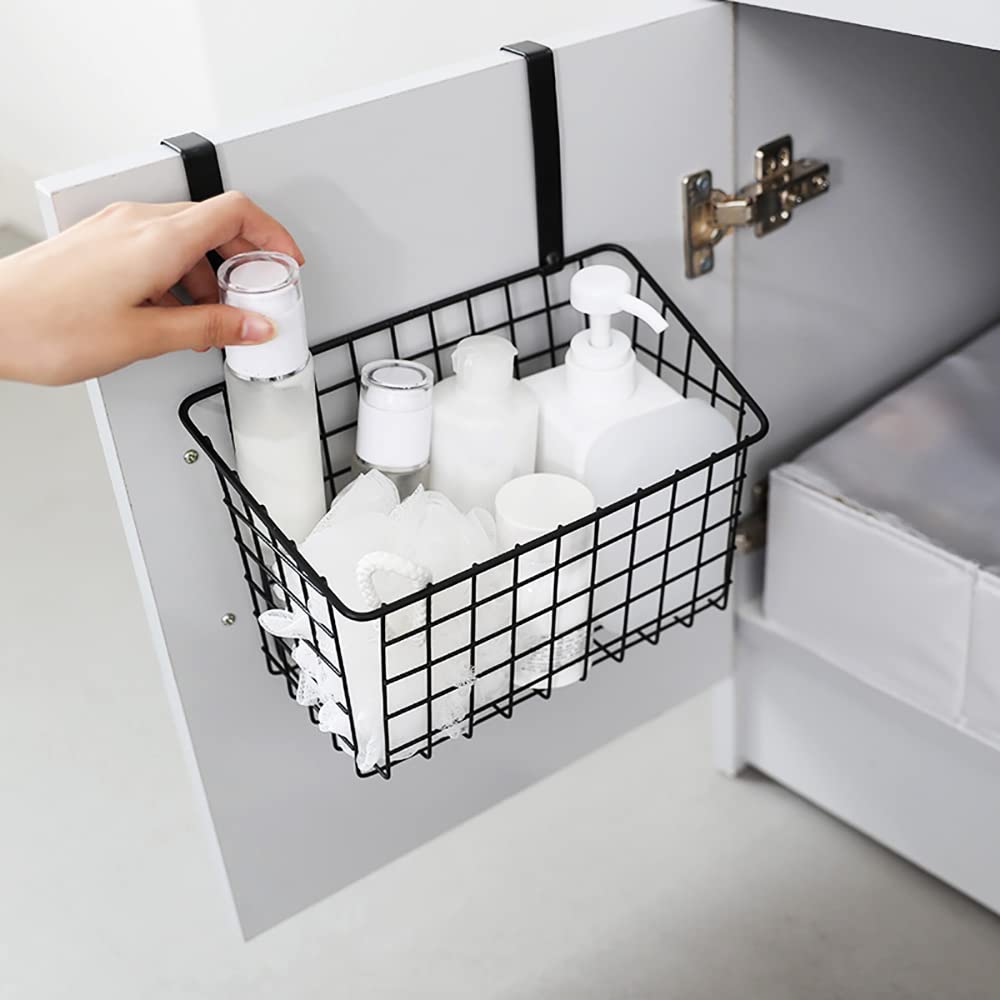 Over Cabinet Door Organizer - Heavy Duty Steel Wire Storage Basket for Kitchen, Bathroom & Pantry | Hanging Holder for Cutting Boards, Sponges & Cleaning Supplies | Space Saving Under Sink & Wall Door Storage Solution (Black) - Perfect for Small Kitchens, Apartment Living & Clutter-Free Home Organization