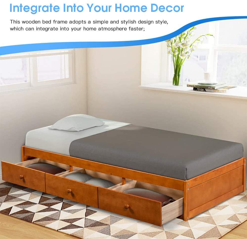 Merax Twin Size Wood Platform Bed with 3 Storage Drawers & Wood Slat Support - No Box Spring Needed - Sturdy Bed Frame for Small Spaces, Guest Rooms & Dormitories