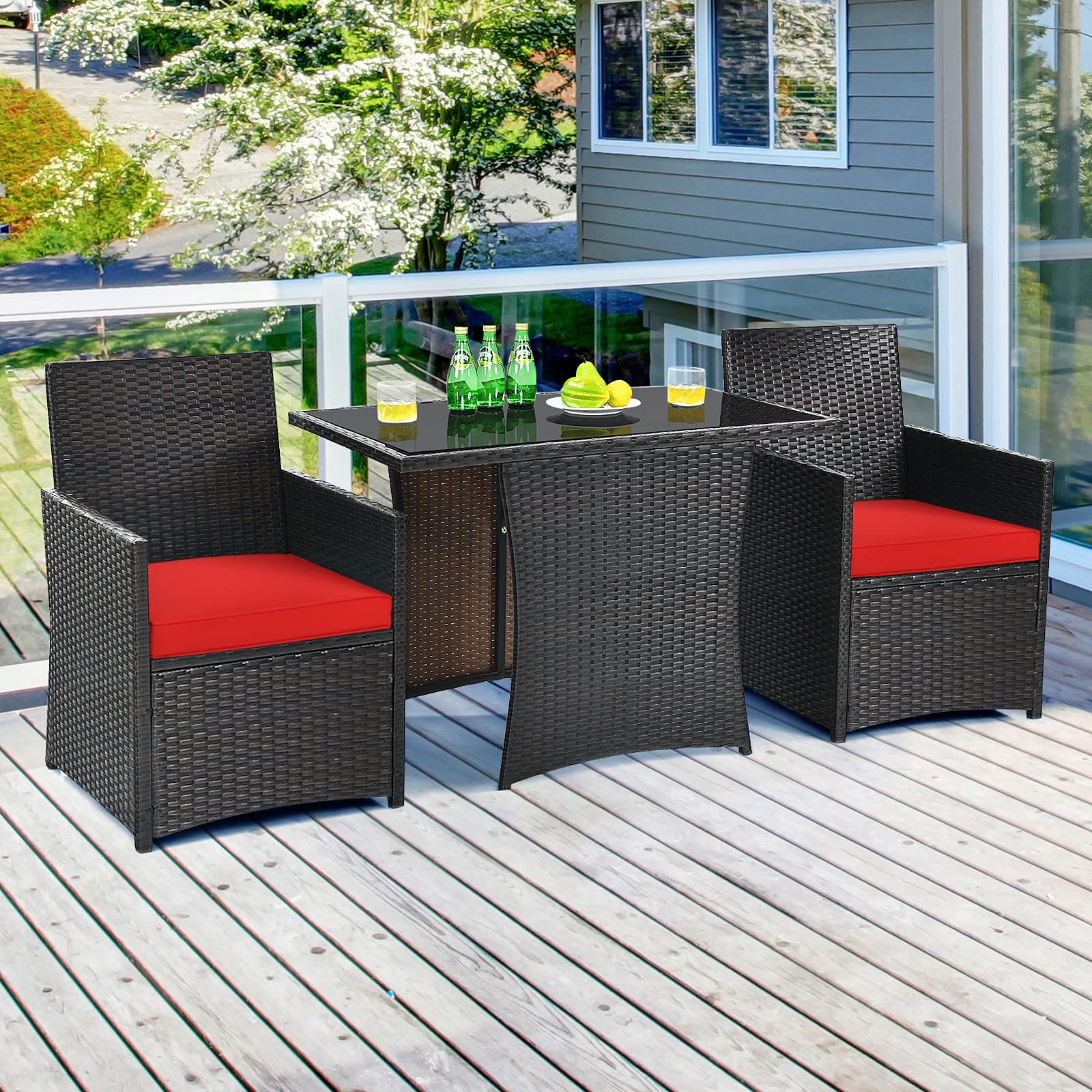 Tangkula 3-Piece Outdoor Dining Set - PE Rattan Bistro Table with Tempered Glass Top & Cushioned Chairs, Space-Saving Patio Furniture for Garden, Backyard, Poolside, Porch - Perfect for Al Fresco Dining & Outdoor Entertaining (Red)