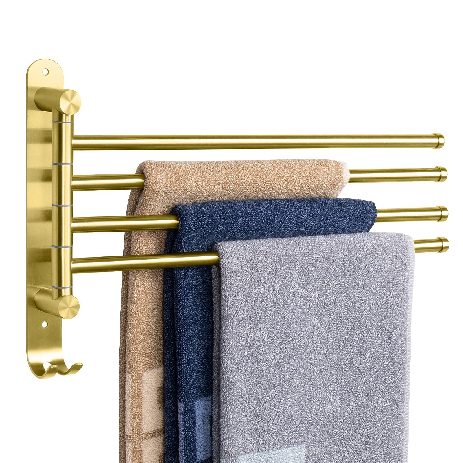 NearMoon Swivel Towel Rack - 4-Arm Stainless Steel Wall Mounted Towel Holder with Hooks - Thickened Rustproof SUS304 Brushed Gold Bathroom & Kitchen Organizer - Perfect for Small Spaces, Laundry Rooms, Poolside & RV Use