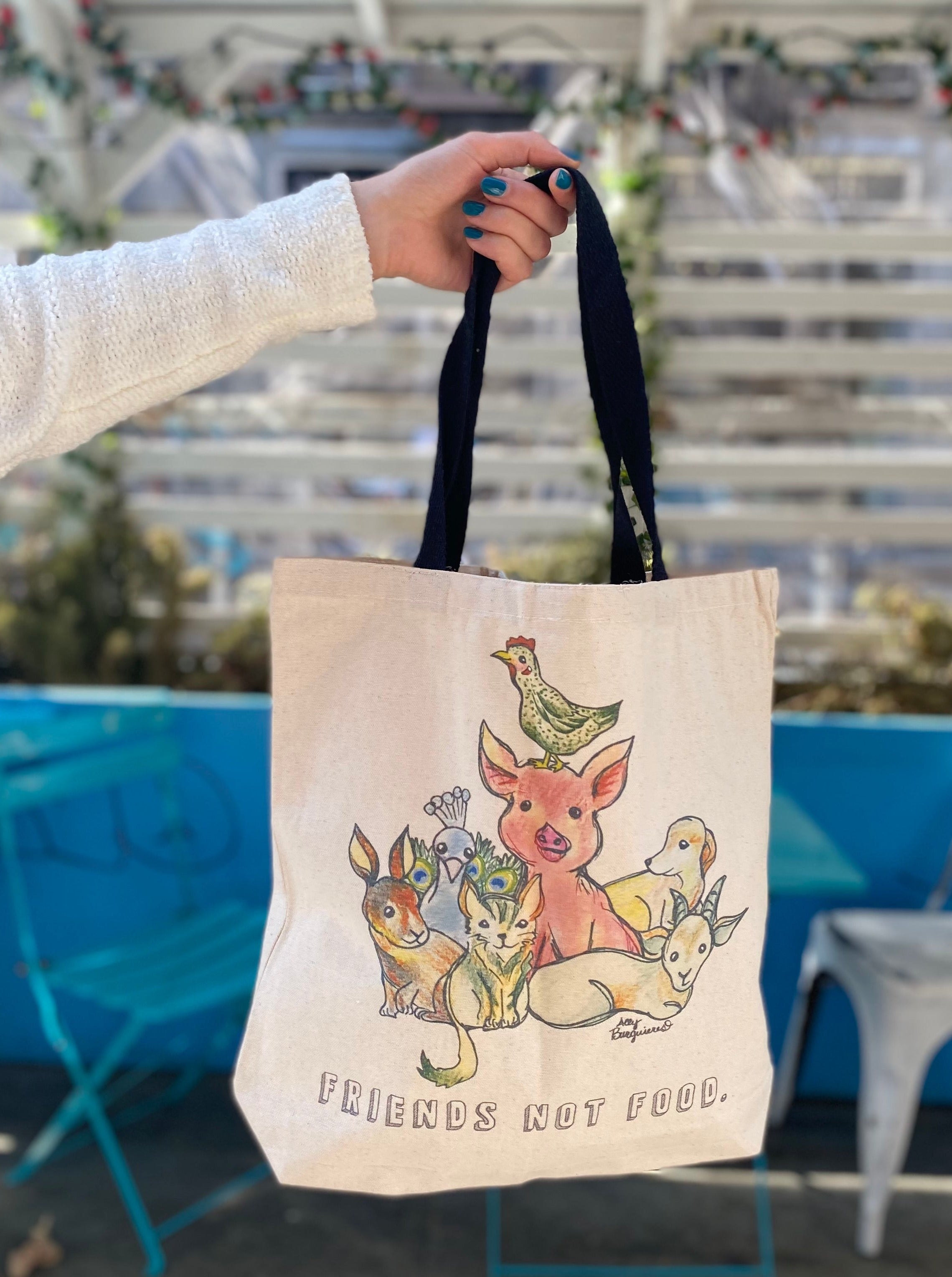 Friends Not Food Vegan Tote Bag by Cocoally - Eco-Friendly Cotton Reusable Shopping Bag for Groceries, Beach & Farmers Market