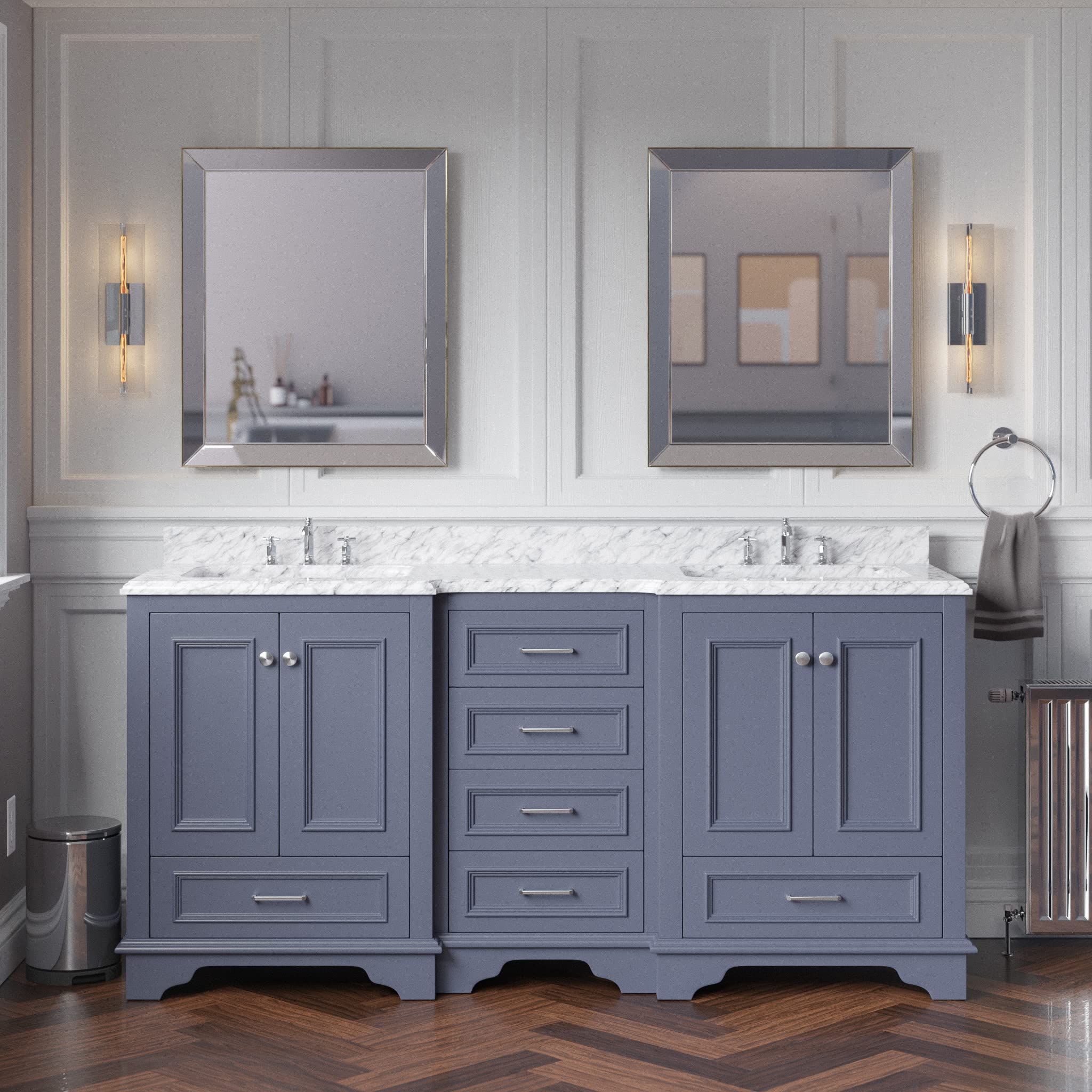 Nantucket 72-inch Double Bathroom Vanity in Marine Gray with Carrara Marble Top – Includes White Ceramic Sinks for Modern Bathroom | Perfect for Master Bath, Guest Bath & Home Renovation